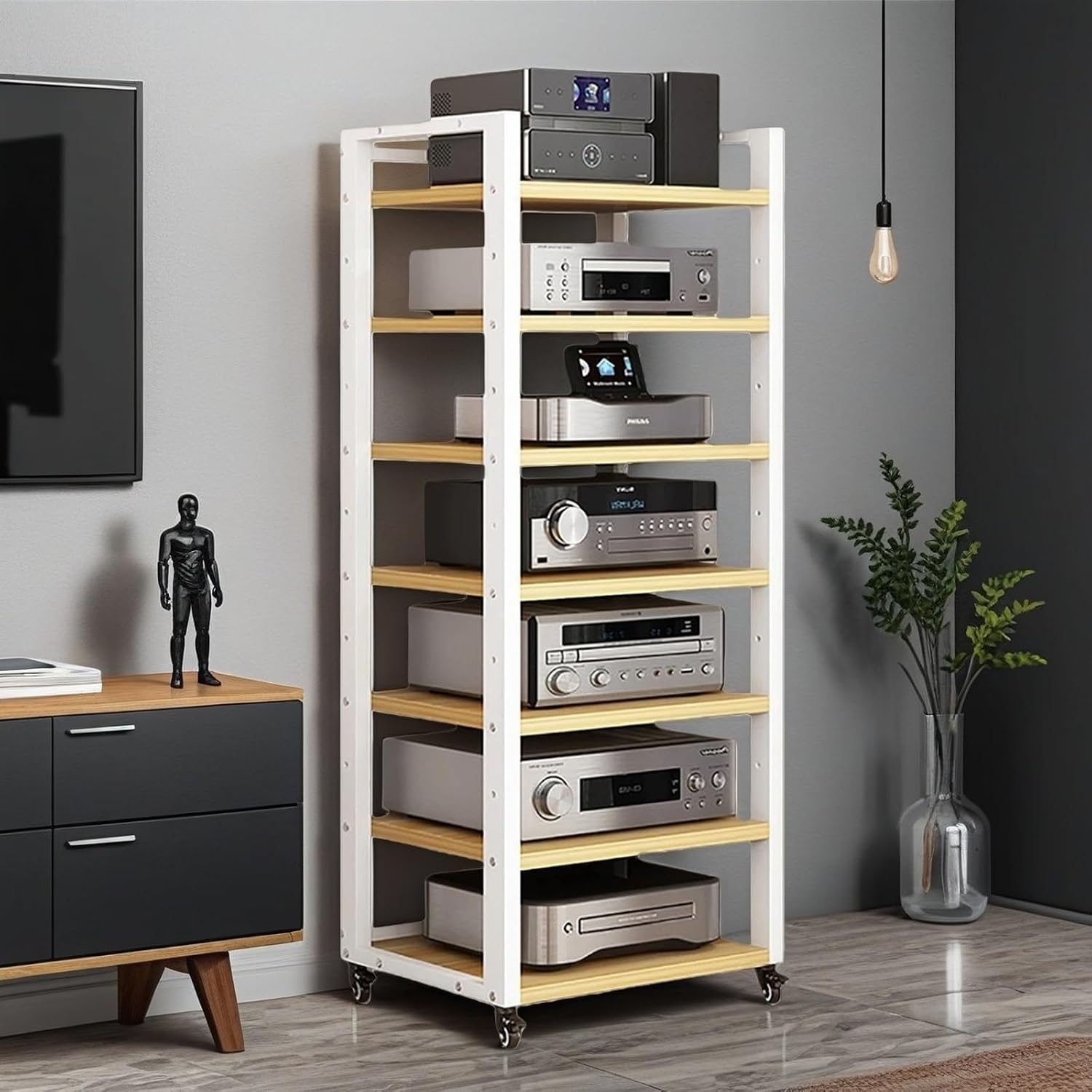 7-Tier Av Media Stand, Audio Rack with Adjustable Shelves, Stereo Racks and Stands with Wheels, Stereo Rack for Home, Office, Theater(C)