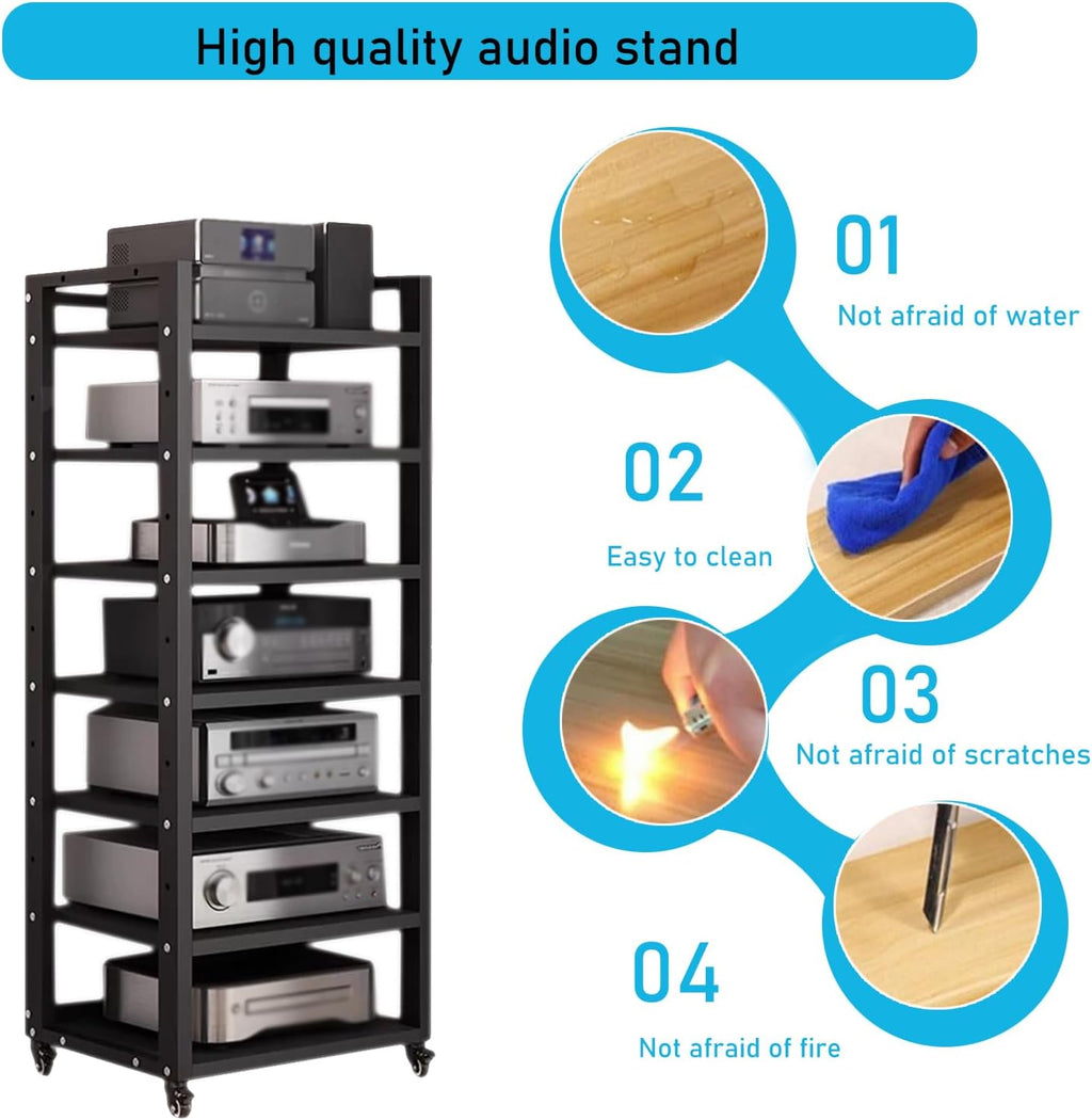 7 Tier Audio Rack Tower, CD Record Player Stereo Receiver AV Equipment Cabinet Display Rack, Weight Capacity 661 lbs, with Adjustable Wooden Shelves for Home (7 Tier Black)