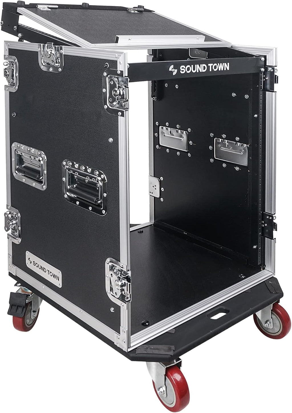 Sound Town Heavy-Duty 1/2' (12mm) 14U PA DJ Rack/Road Case with 11U Slant Mixer Top, 20'' Rackable Depth and Casters, 14-Space ATA Case, Pro Tour Grade (STMR-14UW)