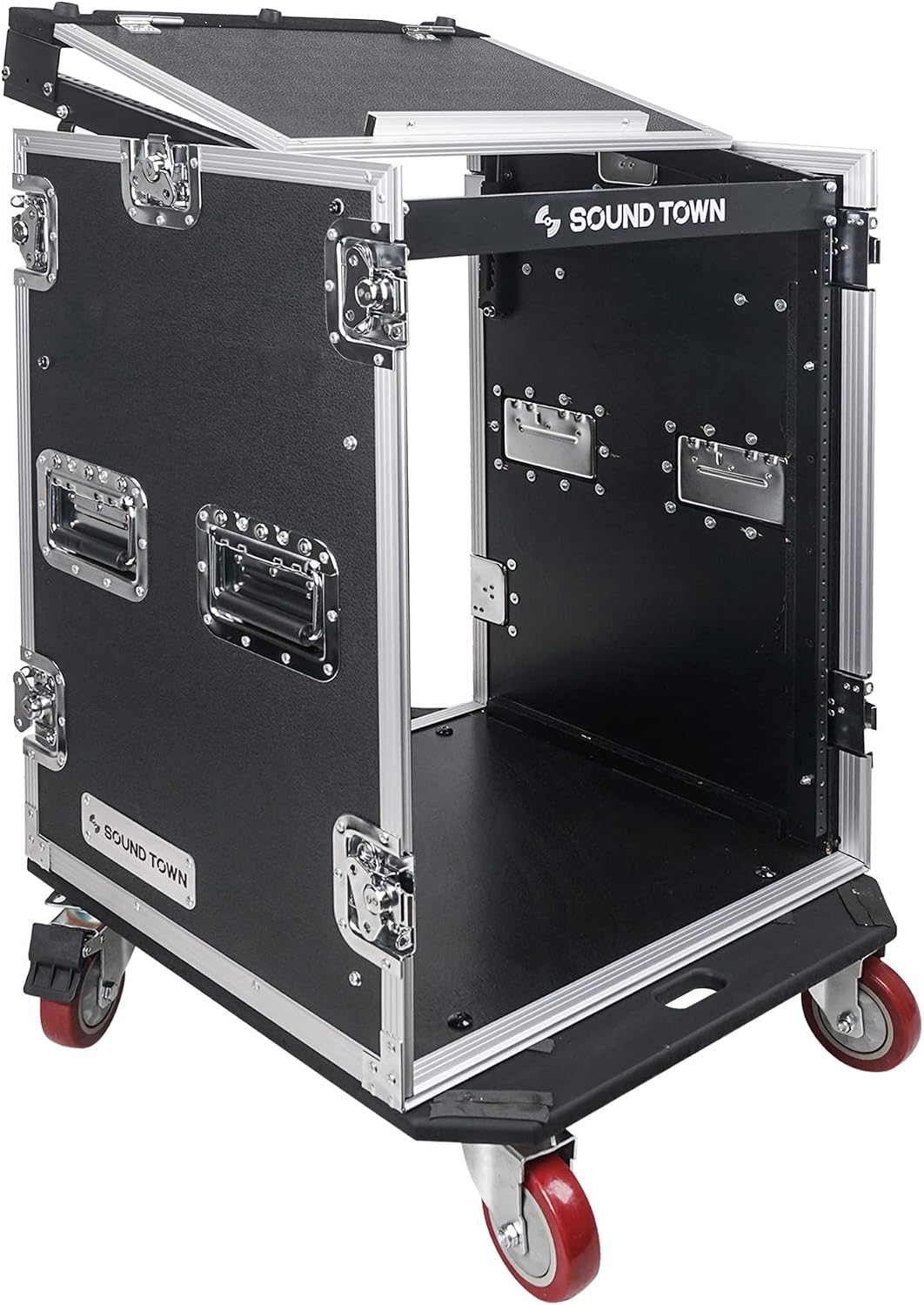 Sound Town Heavy-Duty 1/2' (12mm) 14U PA DJ Rack/Road Case with 11U Slant Mixer Top, 20'' Rackable Depth and Casters, 14-Space ATA Case, Pro Tour Grade (STMR-14UW)