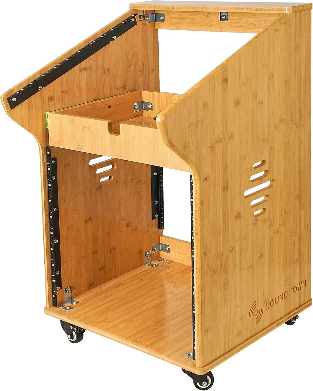 Sound Town DIY Solid Carbonized Bamboo Studio Rack with 11U Slant Mixer Top, 10U Front, 2U Drawer, Rubber Feet, Casters, for Recording Room, PA/DJ Equipment, Home-Audio (STBR-M11X10)