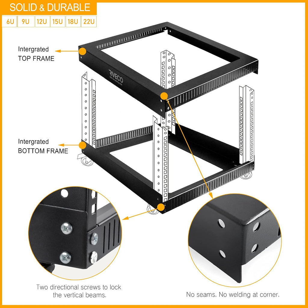RIVECO 22U Open Frame Server Rack with Wheels- Heavy Duty 4 Post Quick Assembly 19-inch, Stereo Rack Rolling Network Shelf Black