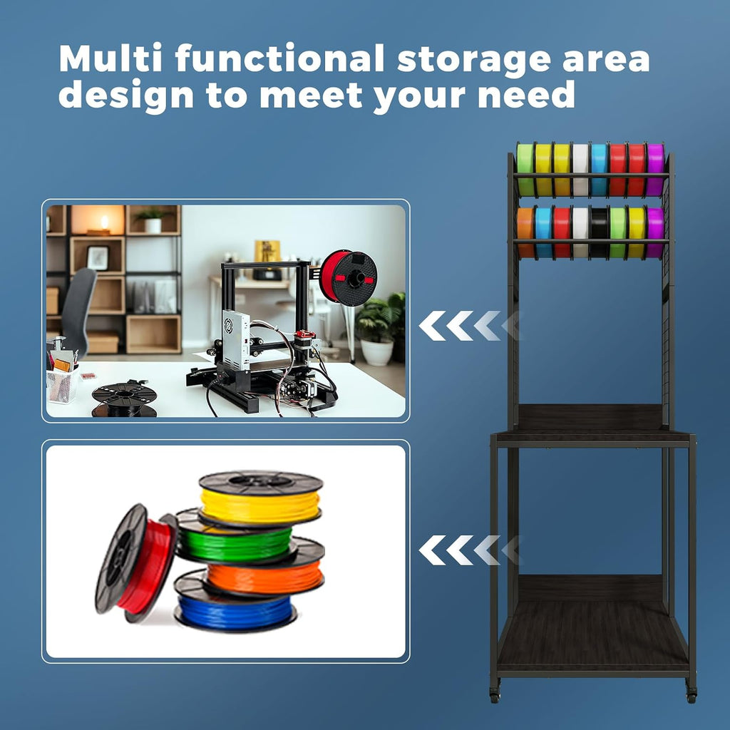 3D Printer Stand with Double Layer 3D Printer Filament Storage Rack, TR22 Heavy Duty Mobile Printer Table with Wheels for Studio Office Storage and Organization