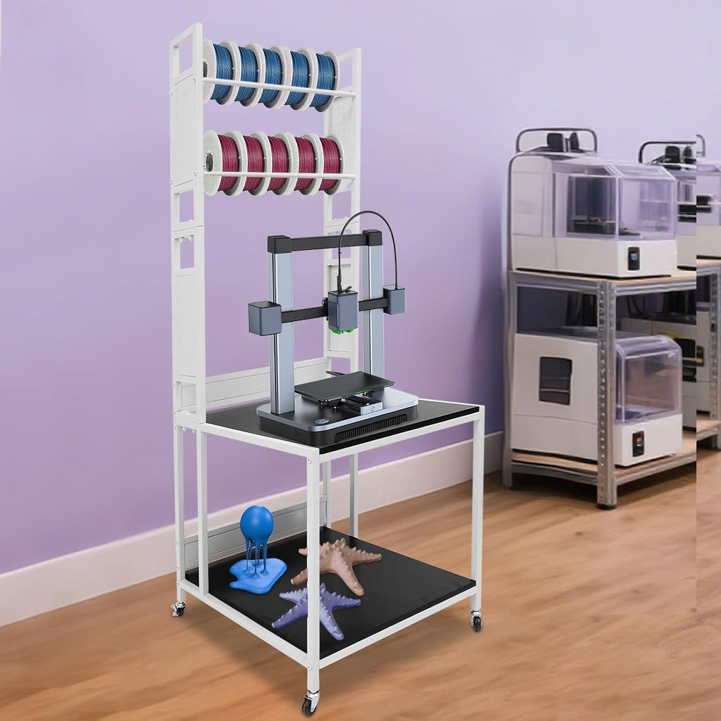 3D Printer Stand with Double Layer Printer Filament Storage Rack, Heavy Duty Mobile Table with 4 Wheels for Workshop Studio Office (White)