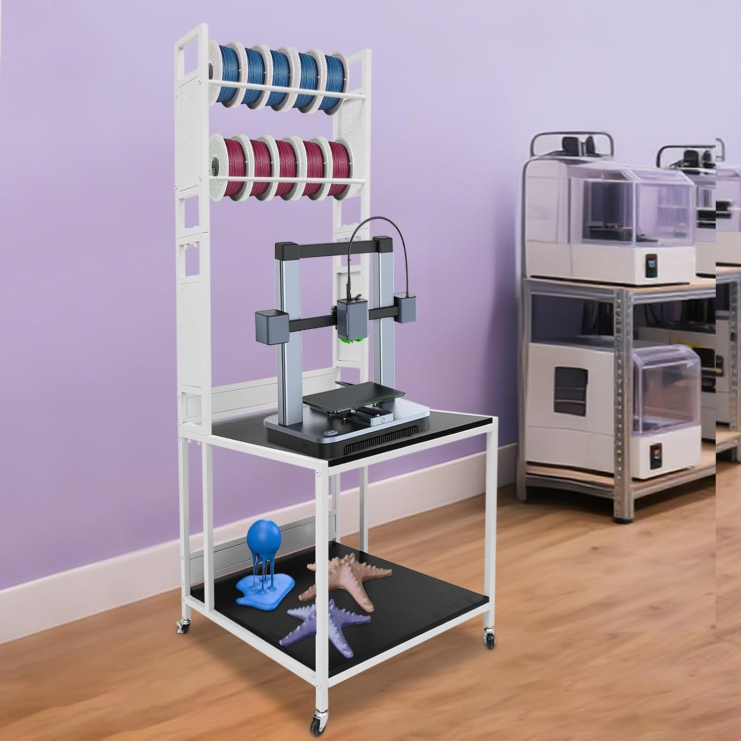 3D Printer Stand with Double Layer Printer Filament Storage Rack, Heavy Duty Mobile Table with 4 Wheels for Workshop Studio Office (White)
