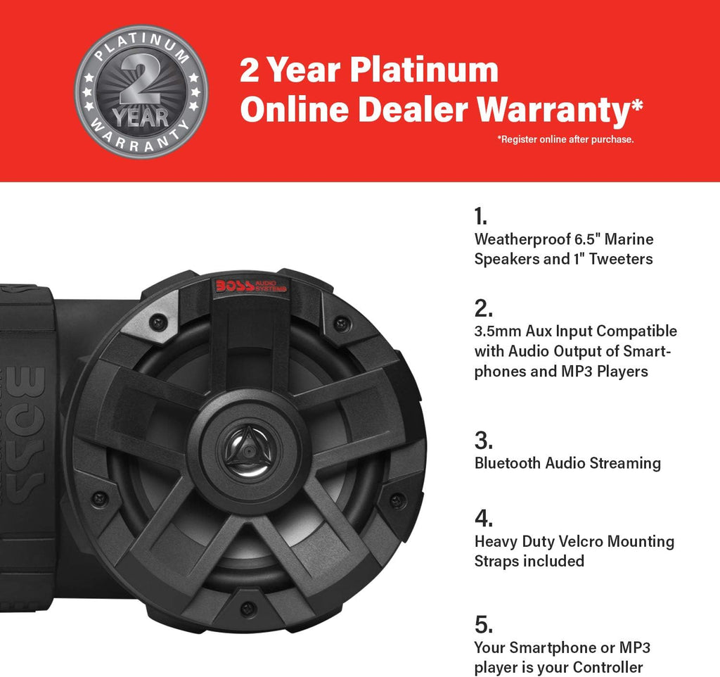 BOSS Audio Systems ATVB6.5R ATV UTV Weatherproof Sound System - 6.5 Inch Speakers, 1 Inch Tweeters, Built-in Amplifier, Bluetooth, Rechargeable Battery, Easy Installation for 12 Volt Vehicles