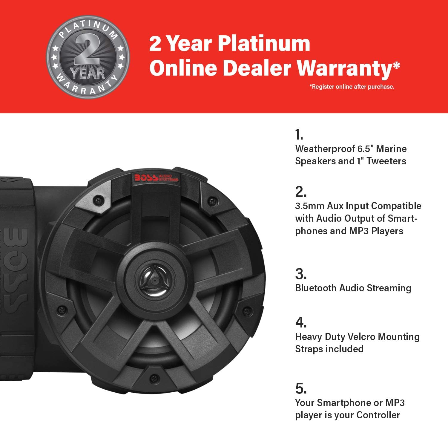 BOSS Audio Systems ATVB6.5R ATV UTV Weatherproof Sound System - 6.5 Inch Speakers, 1 Inch Tweeters, Built-in Amplifier, Bluetooth, Rechargeable Battery, Easy Installation for 12 Volt Vehicles