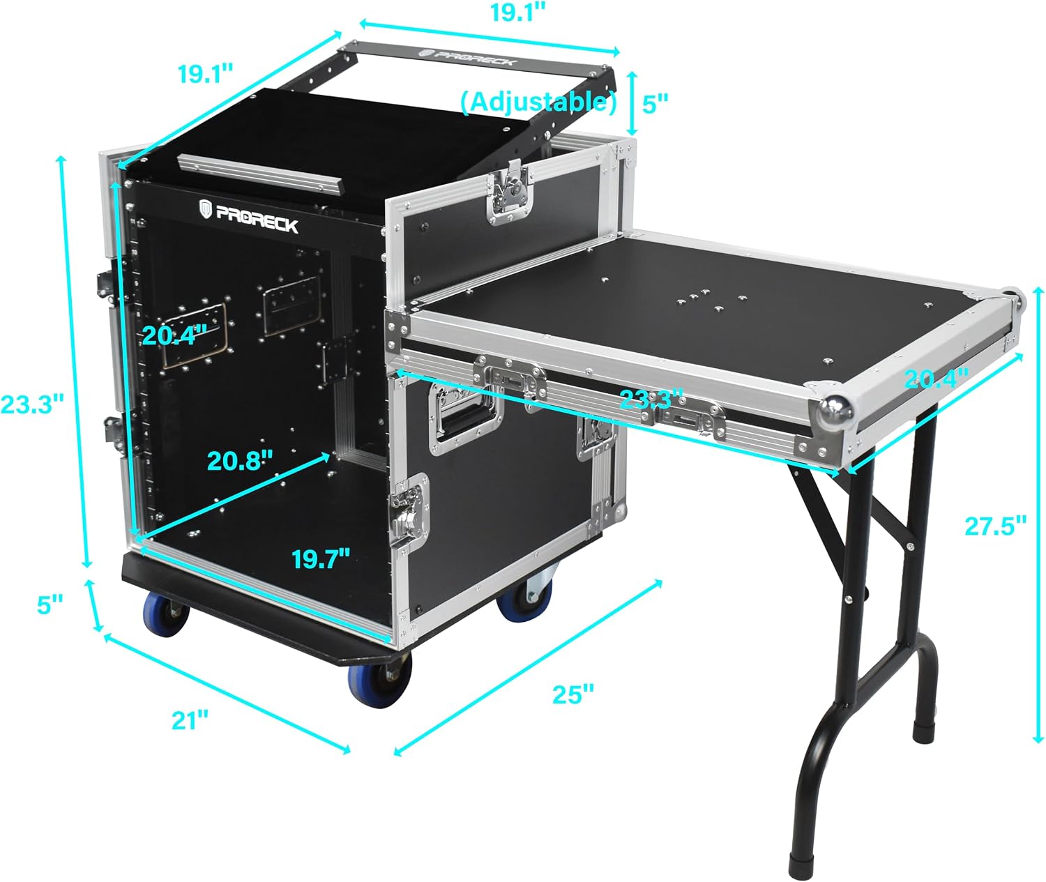 PRORECK 12U Rack/Road Case With Slant Mixer Top, One Side Table And Casters, 20'' Rackable Depth, Plywood, 12U Installation Size, Pro Stage Performance.