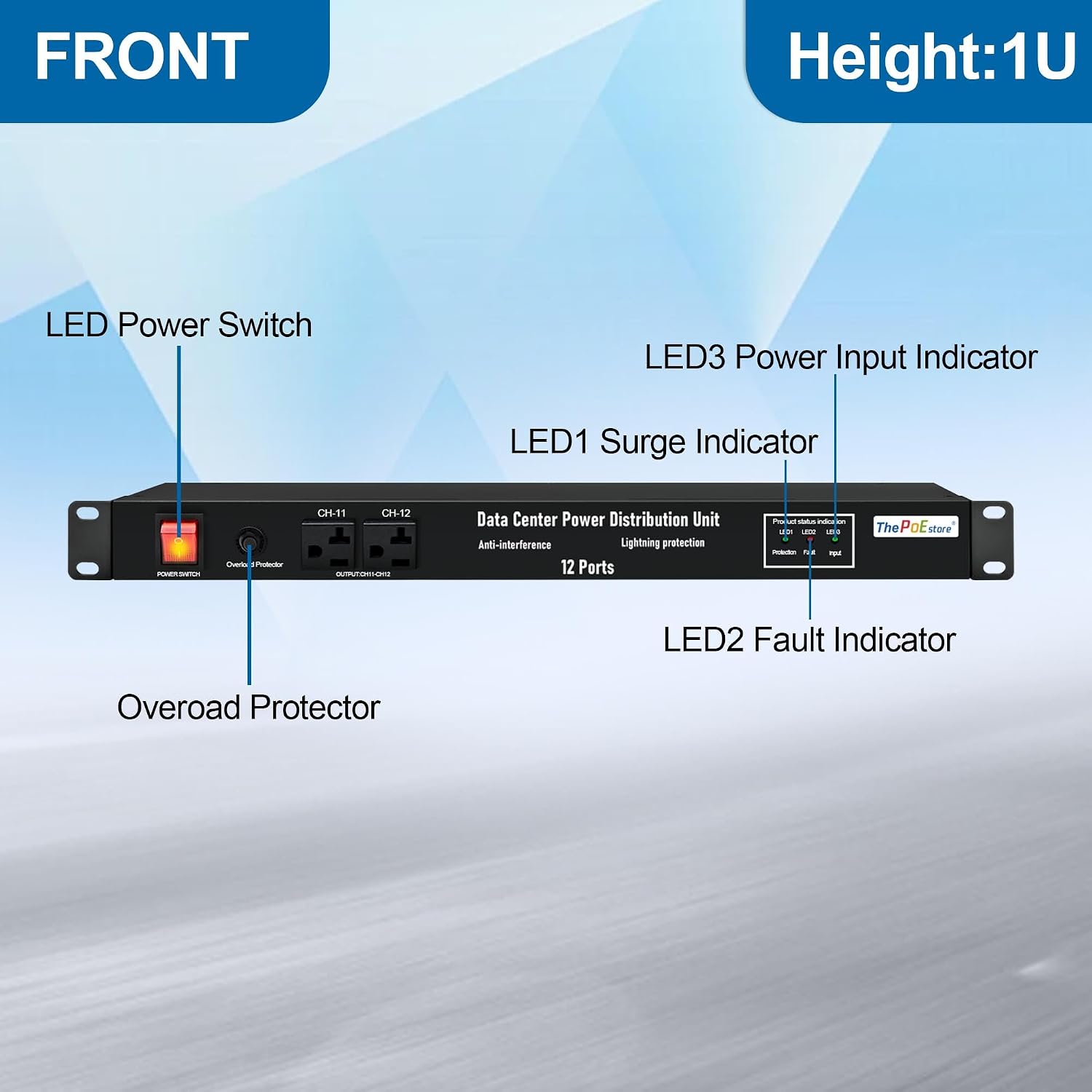 1U PDU Network Servers Surge Protector Power Distribution Unit 12-Outlet, 120V 20A, 3600 Joules 10KA,19″ Rack Mount Power Strip,Heavy-Duty 12AWG 16 ft Cord,w/AC Filter, by ThePoEstore
