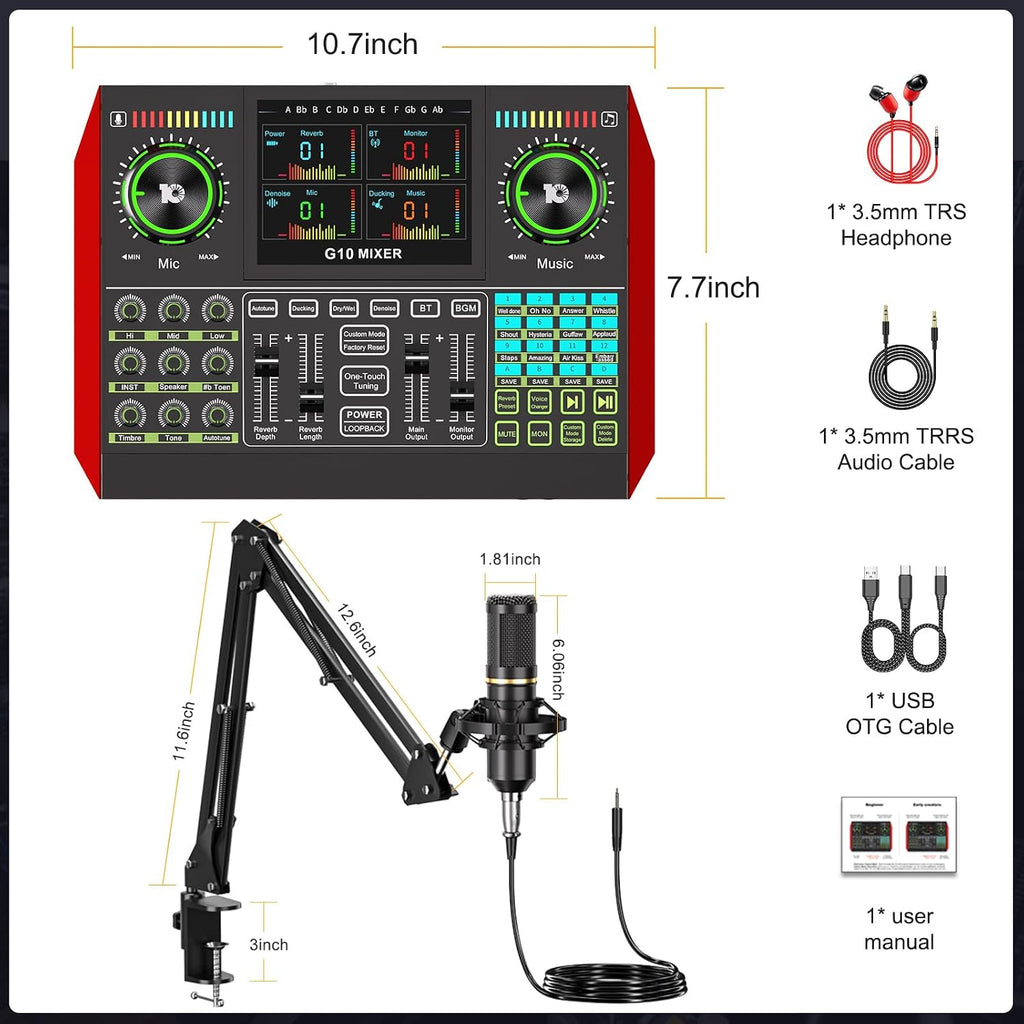 Podcast Equipment Bundle with 3.5mm Condenser Microphone for Pc/Phone Live Streaming Singing Gaming, Podcast Microphone Bundle with Live Sound Board Audio Mixer Denoise,DJ Sets