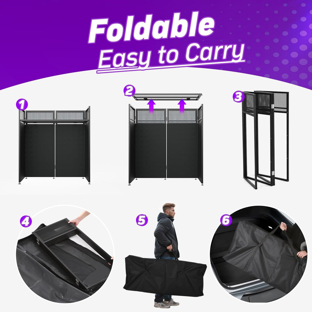 YooKoo Foldable DJ Booth for Tool-Free Assembly, DJ Table with White & Black Scrims, Metal Frame DJ Facade, DJ Stand with Cable Hole and Carry Bag, for Parties & Events & Small Studios