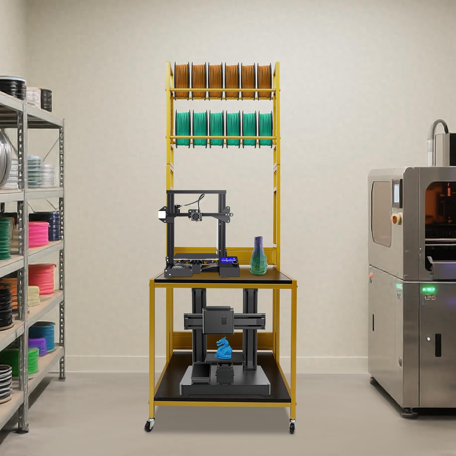 3D Printer Stand and Filament Storage, Heavy Duty 3D Printer Table on Wheels, Sturdy 3D Printer Filament Storage Rack, Large Shelf 3D Printer Stand Cart Desk for Workshop Studio Office(Gold)