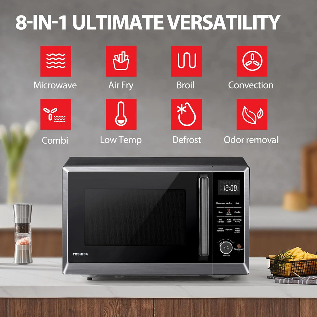 TOSHIBA Air Fryer Combo 8-in-1 Countertop Microwave Oven, with Convection, Broil, Odor Removal Mode, 12.4' Position Memory Turntable, Child-Lock, 1.0 Cu.ft, Black Stainless Steel, ML2-EC10SA(BS)