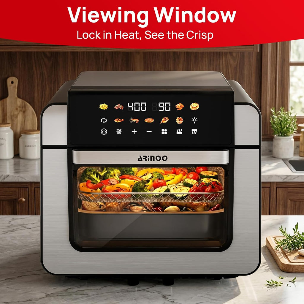 16 Qt Air Fryer Toaster Oven Combo with PFAS-Free Ceramic Coating and Viewing Window, XL 9-In-1 Convection Oven, Top 1700W Bottom 1500W, 180°F-400°F, Bake Dehydrate, Nonstick Tray, Black