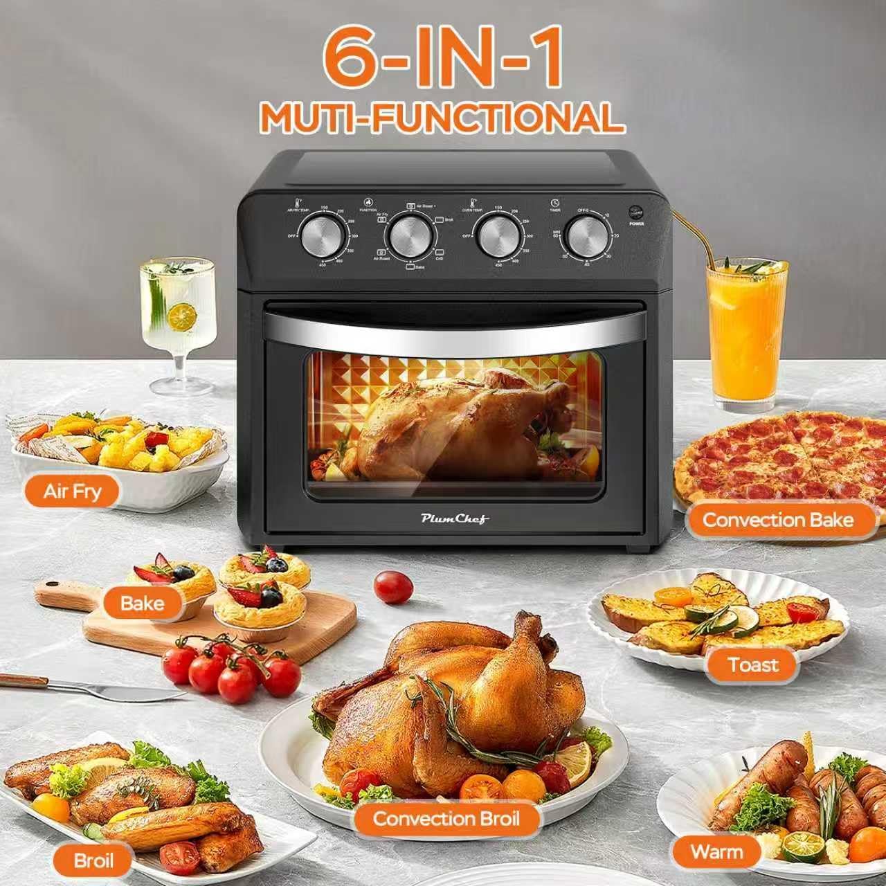Plum chef 27.5QT 6-in-1 Air Fryer Toaster Oven Extra Large Dropdown-Door 6-Slice Convection Oven for Air Frying, Baking, Roasting, Broiling & Grilling, Stainless Steel Housing, Black