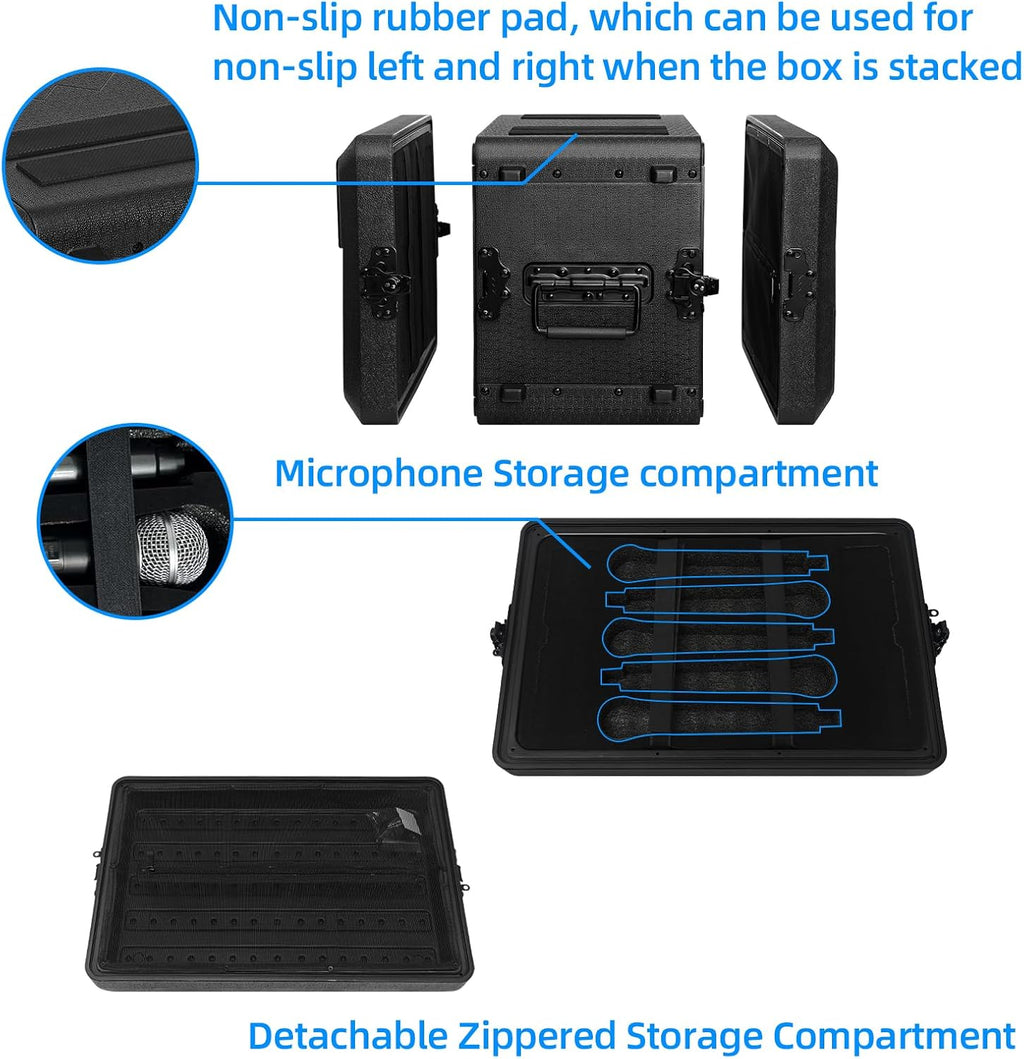 6U Rack Case Shallow 12' Depth, 19' Rackmount Flight Cases Easy Installation Portable Carry Watertight Dust Proof 2 Space Shockproof Mount Racks with Microphone Compartments Space Saving