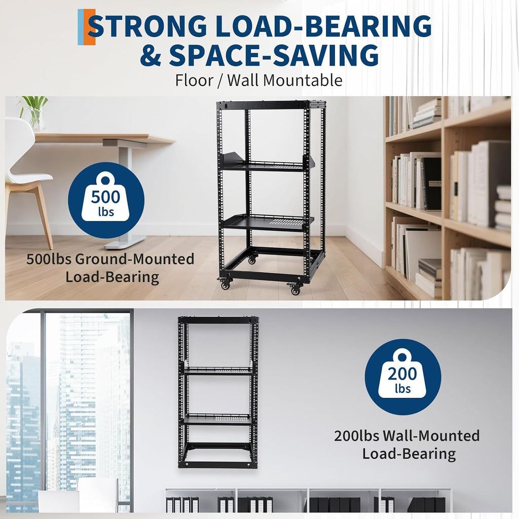 GarveeTech 20U Open Frame Server Rack, 23 in -40 in Adjustable Depth, Wall Mount & Free Standing Network Rack with 4 Lockable Casters & 2pcs 1U Server Rack Shelf, Holds All Your IT/AV Equipment Rack