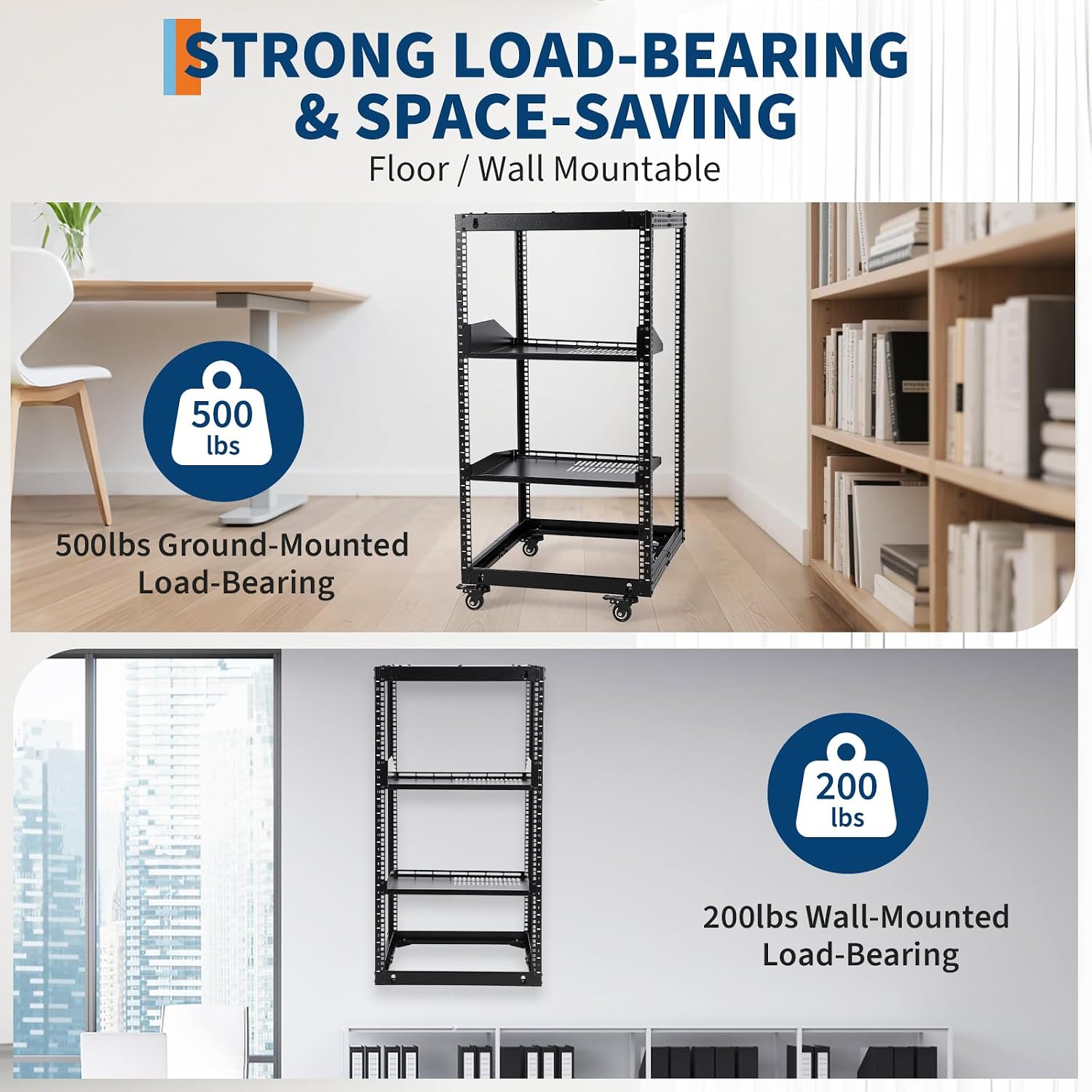 GarveeTech 20U Open Frame Server Rack, 23 in -40 in Adjustable Depth, Wall Mount & Free Standing Network Rack with 4 Lockable Casters & 2pcs 1U Server Rack Shelf, Holds All Your IT/AV Equipment Rack