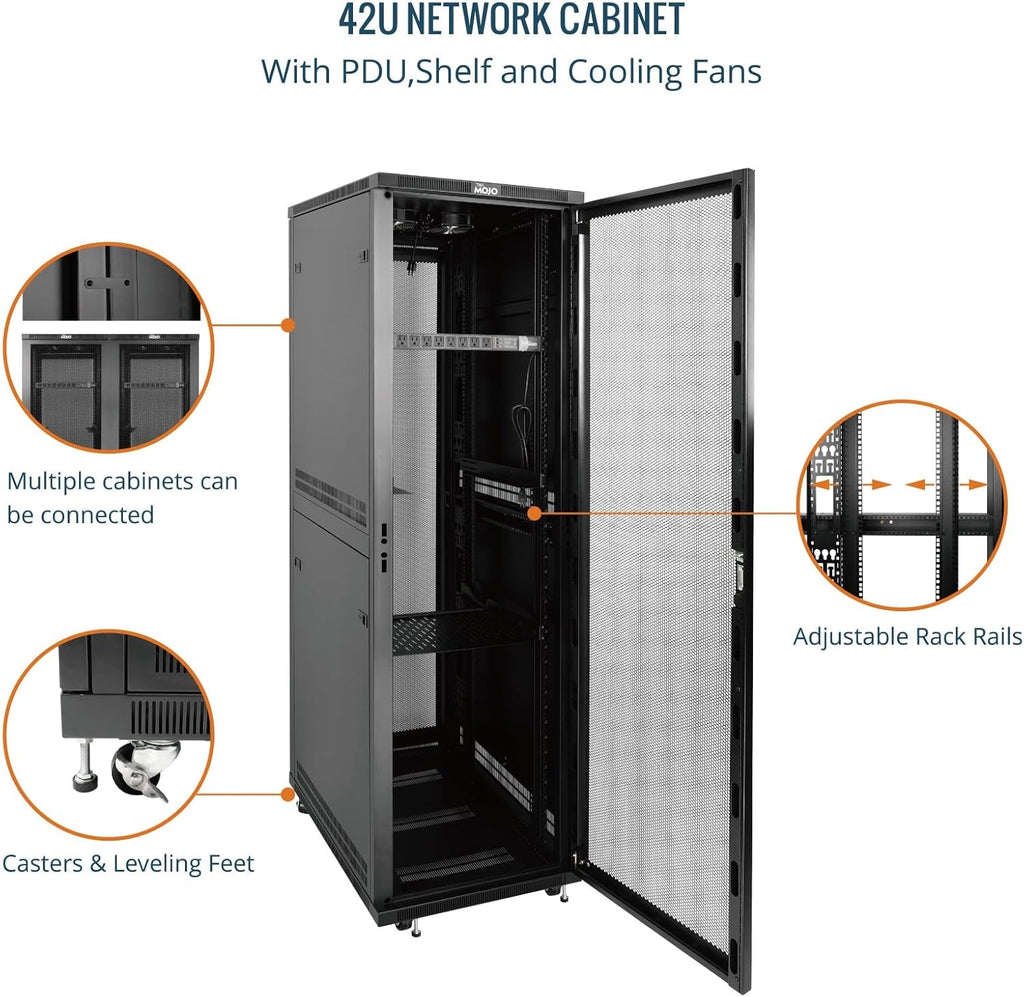 Tecmojo 42U Server Rack Network Cabinet 31.5' D x 23.6' W, Locking Data Cabinet Enclosure for 19' Server, Networking, AV & IT Equipment, Mesh Door, Black