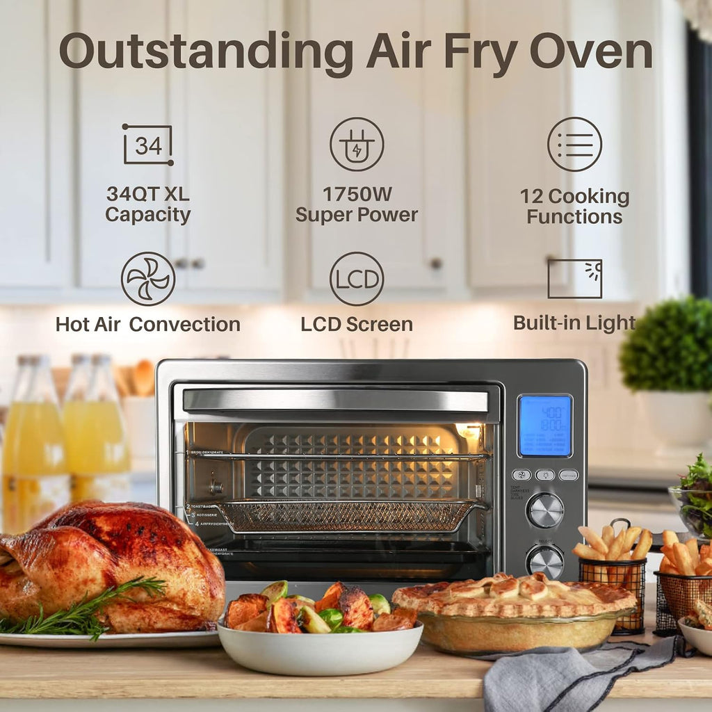 LNC Air Fryer Oven, 34QT Extra Large 1750W Toaster Air Fryer Combo, 12' Pizza Convection Oven Countertop, 12-in-1 with 4 Accessories, Stainless Steel, Silver