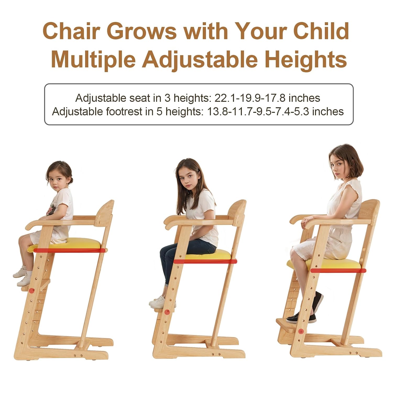 DOMGMUWUJEE Solid Wood Toddler Dining Chair - Adjustable Height Easy to Clean Toddler high Chair - Kids high Chair from 3 Years to 200 Lb, Grow with Child (Natural Yellow)