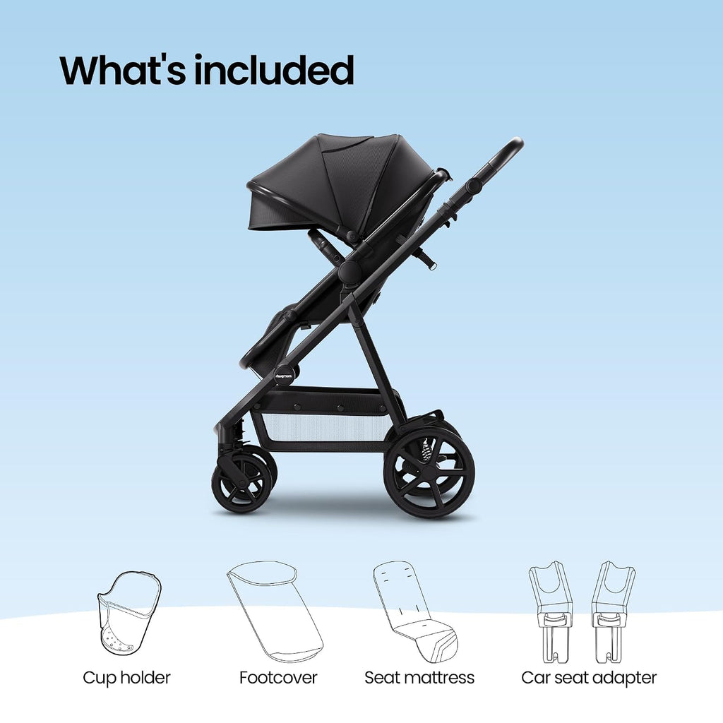 Mompush Meteor2 Baby Stroller 2-in-1 with Newborn Mode, Compatible with Infant Car Seat Adapter Included, Full-Size Bassinet Strollers for Family Outings