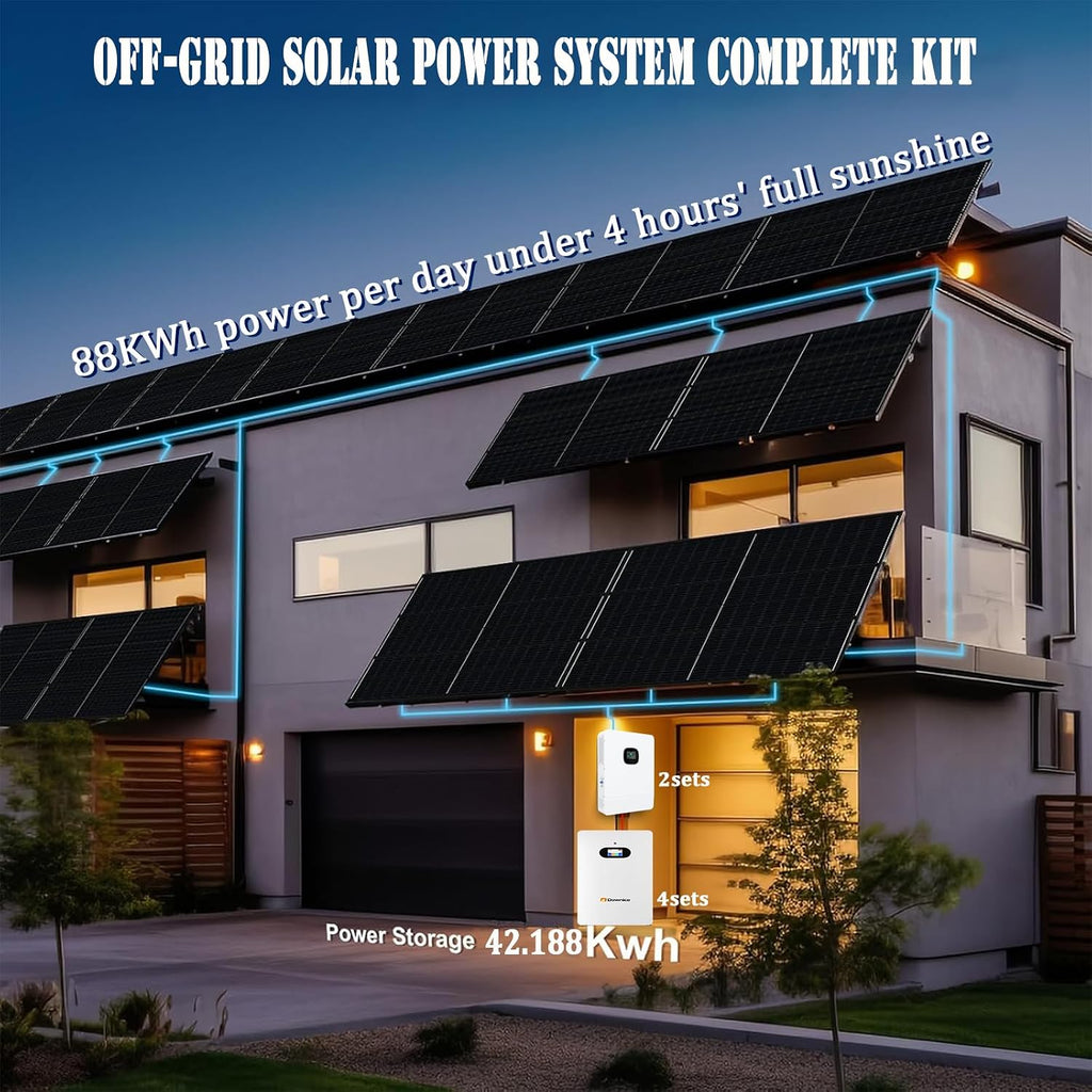 22KW Off-Grid Solar Power System Complete Kit,4Sets 48V 206Ah 10KWh LiFePO4 Battery 40PCS Bificial 550W Solar Panels,2Sets 10KW Inverter with MPPT Controller 120/240Vac