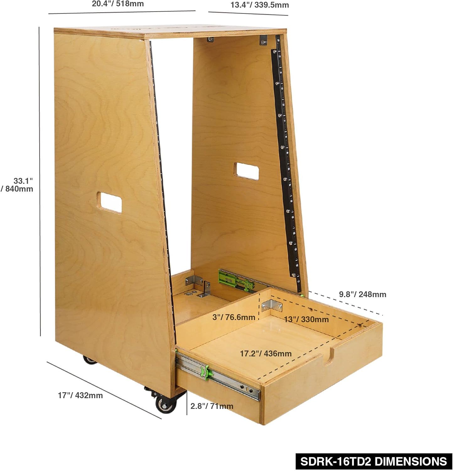 Sound Town 16U DIY Solid Baltic Birch Plywood Slanted Studio Rack with 16U Rack Space, Extra 2U Drawer, Rubber Feet, Casters, Golden Oak (SDRK-16TD2)