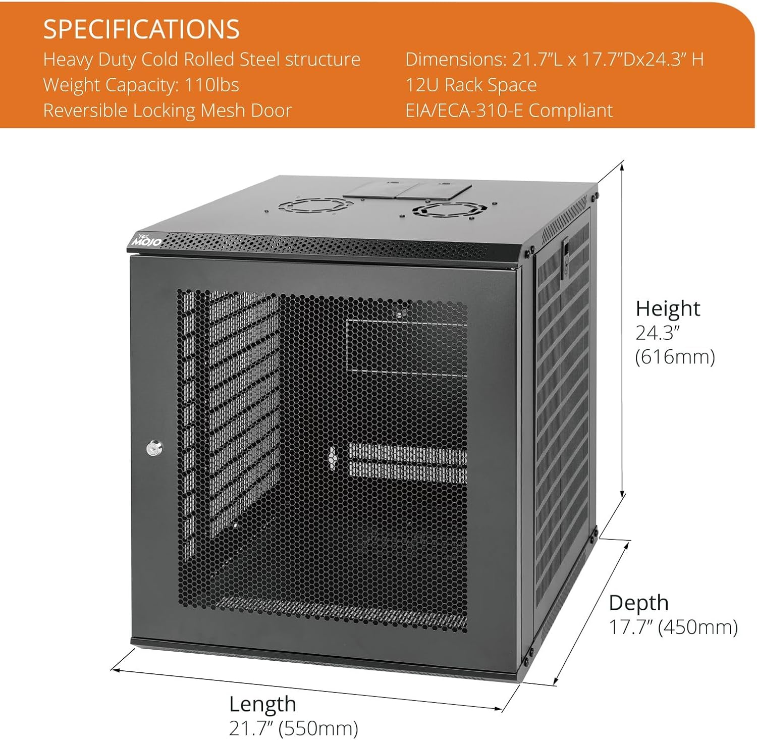 Tecmojo 12U Wall Mount Rack Network Cabinet for 19' IT Equipment,with Lockable Mesh Door and Removable Side Panels,Cooling Fan,Black,17.7inch Deep