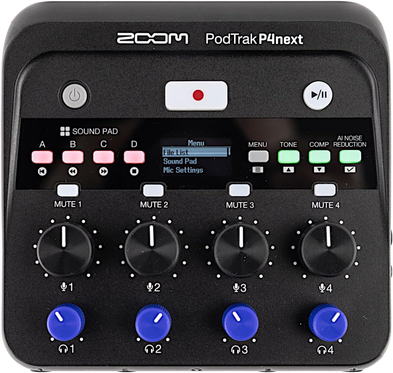 Zoom PodTrak P4next Podcast Recorder, 4 Mic Inputs, 4 Headphone Outputs, Battery Powered, AI Noise Reduction, Sound Pads, Phone Input, USB Audio Interface