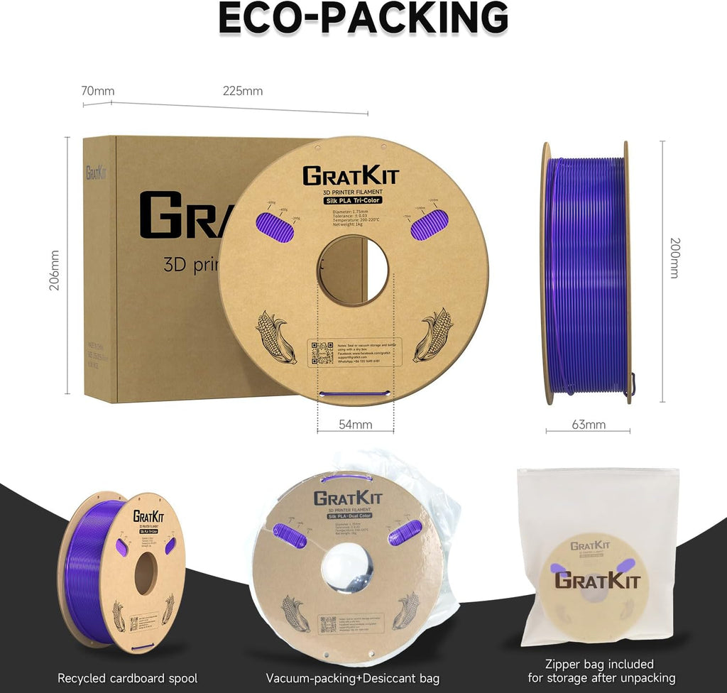 Gratkit Silk Tri-Color PLA Filament，Coextrusion PLA Filament 1.75mm, +/-0.03mm, 10 * 1KG/Roll, Silk PLA 10KG Bundle Multicolor