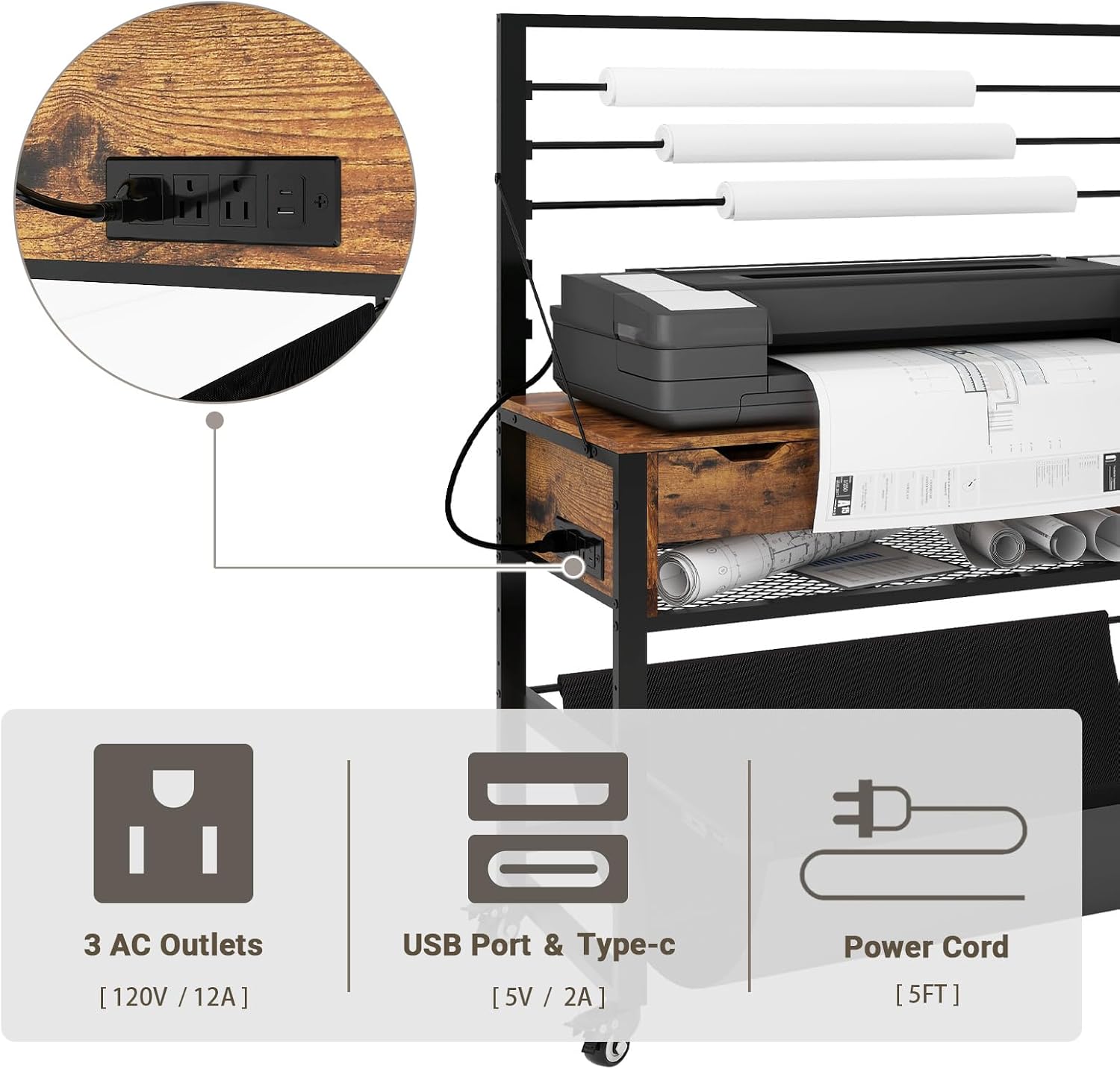 Natwind Wide Format Printer Stand, Plotter Workbench Table with Pull-Out Drafting Storage, Roll Paper Holder, Accessory Drawer, Adjustable Storage Shelf for Plotters and Cutting Machines (Retro)