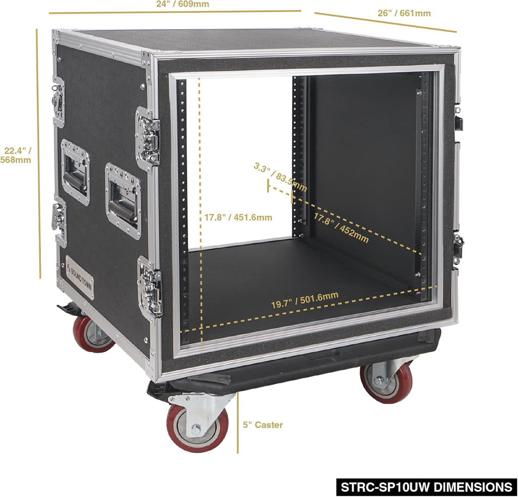 Sound Town Shock Mount 10U ATA Rack Case with 21' Rackable Depth and Casters, Pro Tour Grade (STRC-SP10UW)