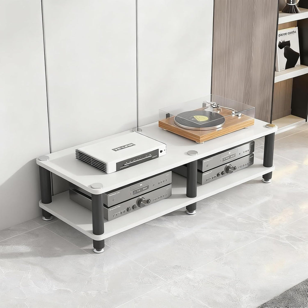 AV Media Stand, Stereo Rack with Thickened Board, Multi-Tier Open Storage Stereo Cabinet, Audio-Video Rack with Metal Tube, Record Player Stand for Theater(White,2 Tier 120x40x34cm)