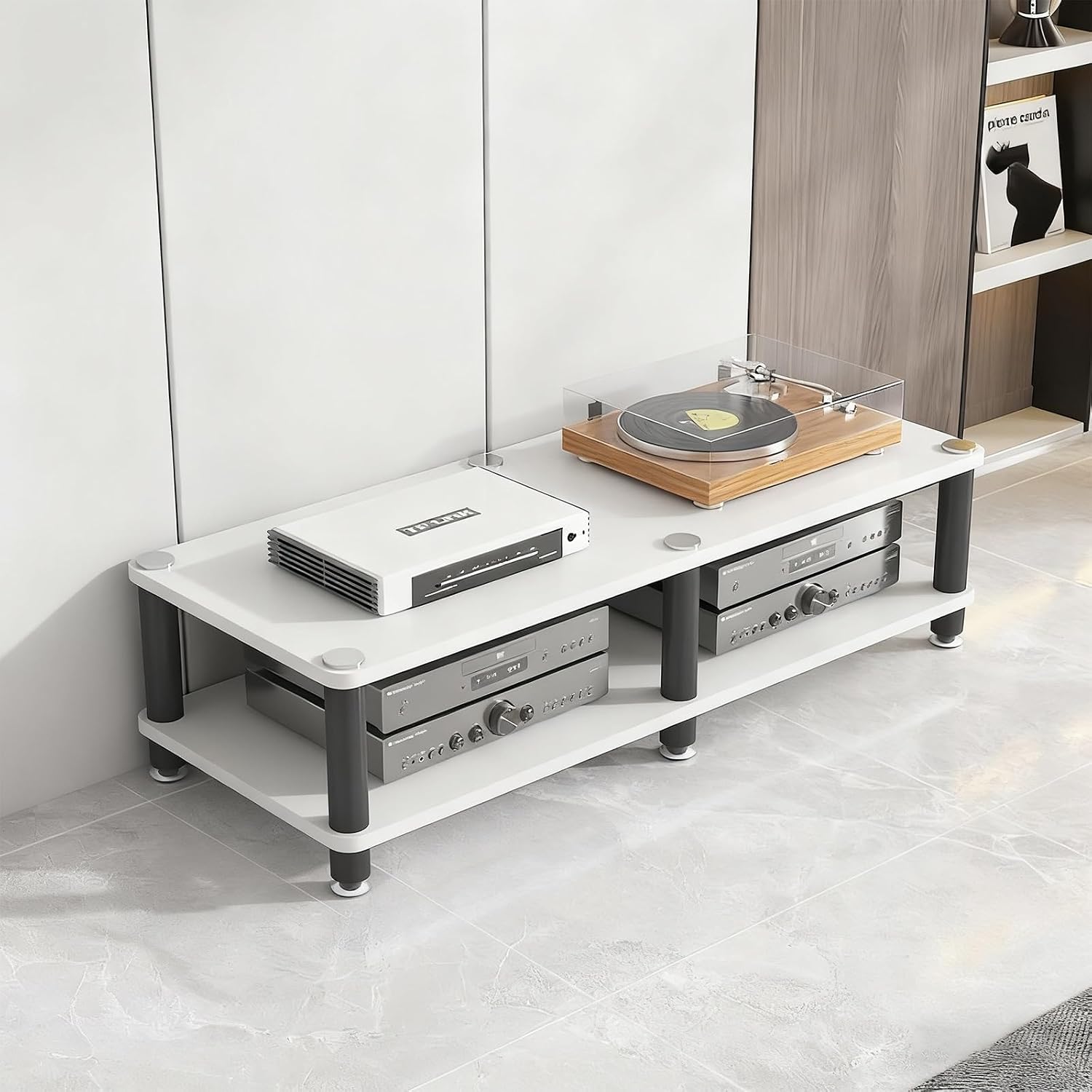 AV Media Stand, Stereo Rack with Thickened Board, Multi-Tier Open Storage Stereo Cabinet, Audio-Video Rack with Metal Tube, Record Player Stand for Theater(White,2 Tier 120x40x34cm)