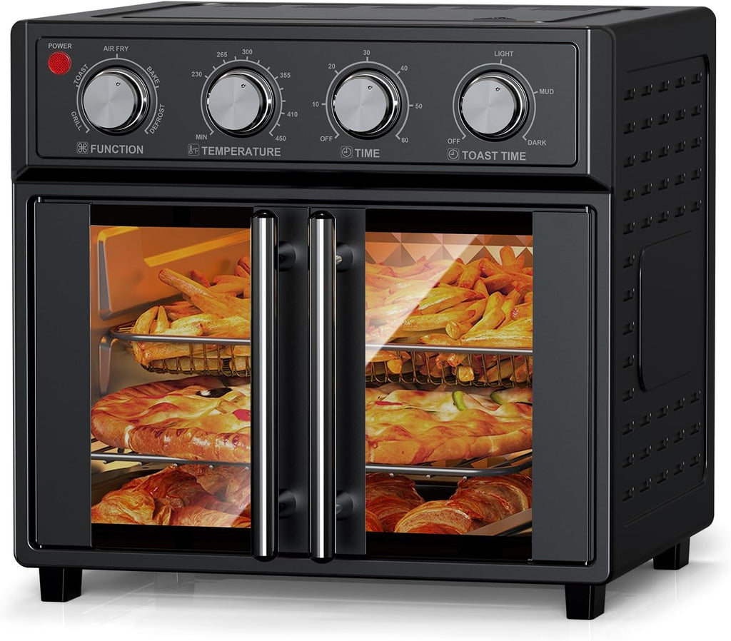PlumChef 26L Large capacity French Double-Door Air Fryer Convection Toaster Oven,1700W, 7 Preset Menus, 7-in-1 Multi-Function for Bake, Roast, Grill, Toast, Dehydrate& Defrost,Stainless Steel,Black