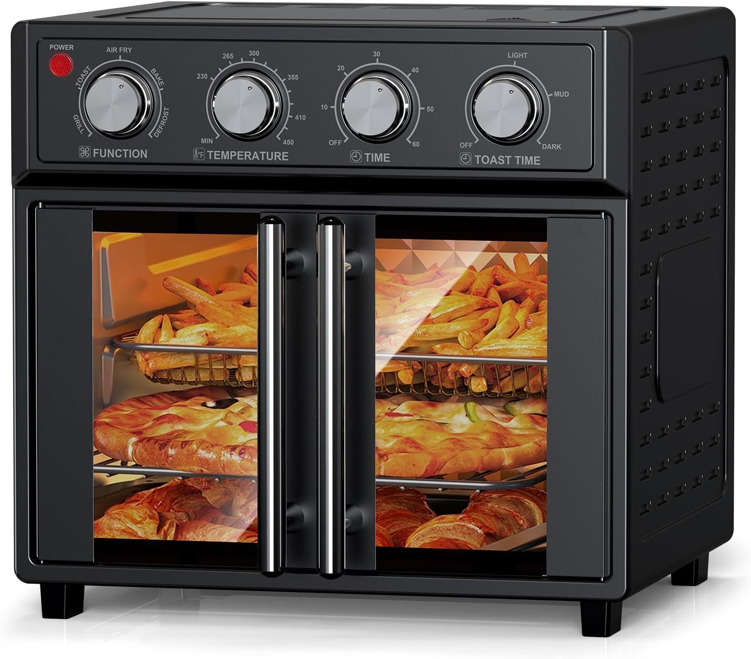 PlumChef 26L Large capacity French Double-Door Air Fryer Convection Toaster Oven,1700W, 7 Preset Menus, 7-in-1 Multi-Function for Bake, Roast, Grill, Toast, Dehydrate& Defrost,Stainless Steel,Black