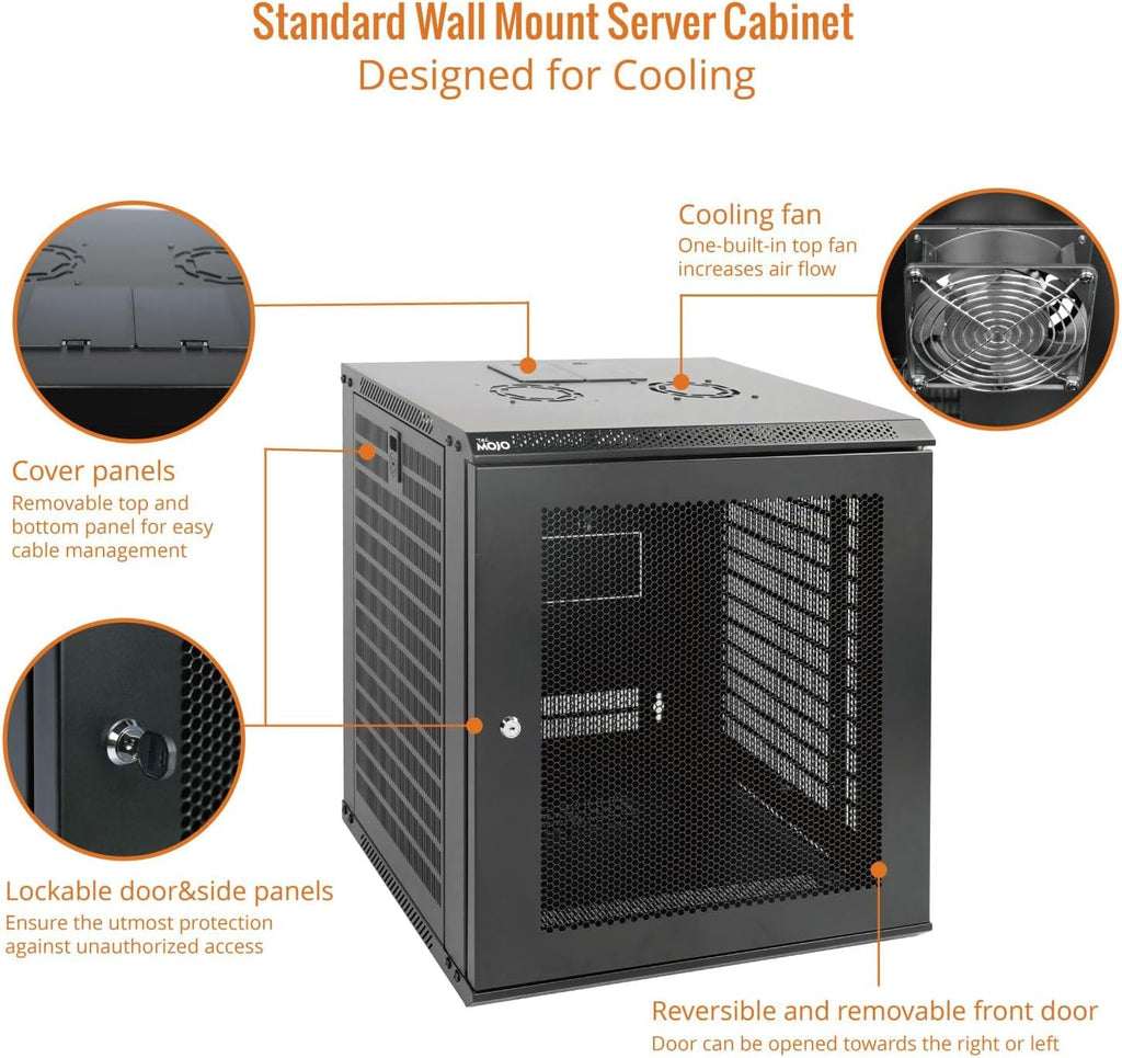 Tecmojo 12U Wall Mount Rack Network Cabinet for 19' IT Equipment,with Lockable Mesh Door and Removable Side Panels,Cooling Fan,Black,17.7inch Deep