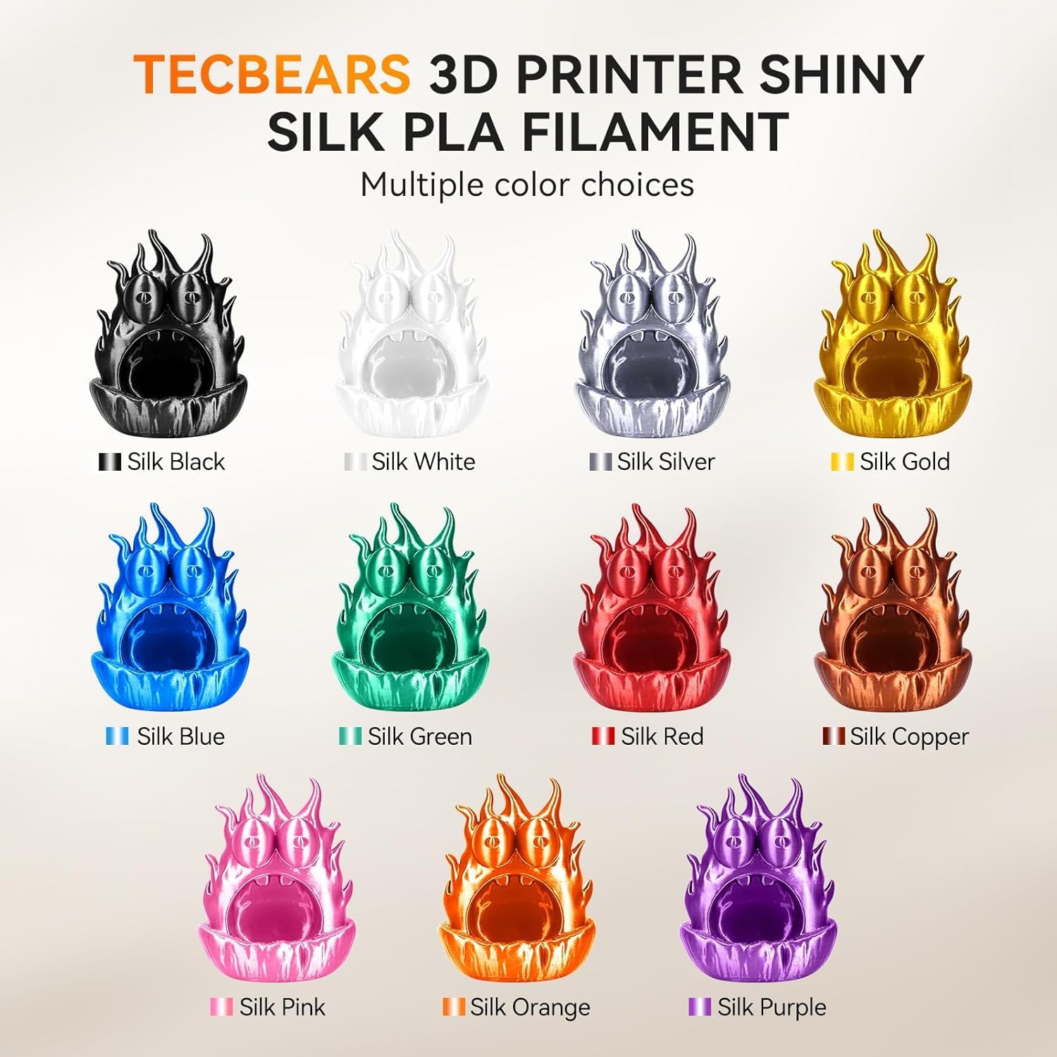 TECBEARS Silk Filament Bundle, 10KG Shiny Silk PLA Filament with Smooth Silky Surface, Pack of 10, Light Gold+Sliver+Black+White+Red Copper+Pink+Red+Blue+Green+Orange