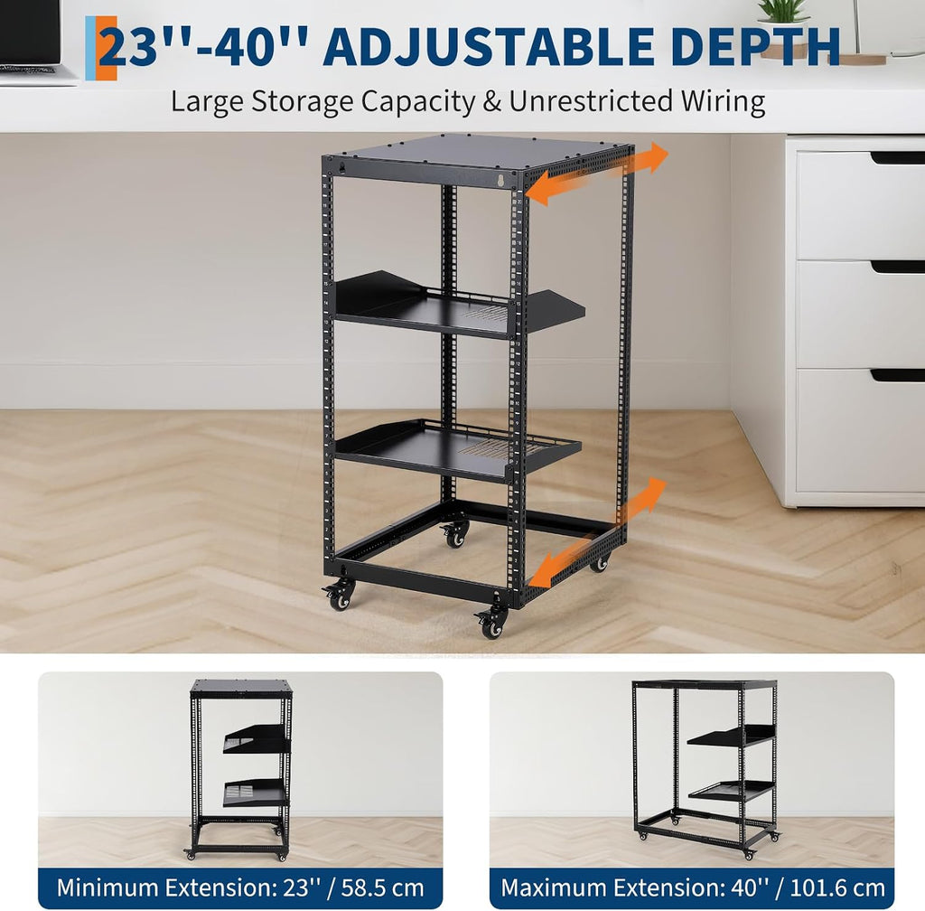 GarveeTech 20U Open Frame Server Rack, 23 in -40 in Adjustable Depth, Wall Mount & Free Standing Network Rack with 4 Lockable Casters & 2pcs 1U Server Rack Shelf, Holds All Your IT/AV Equipment Rack