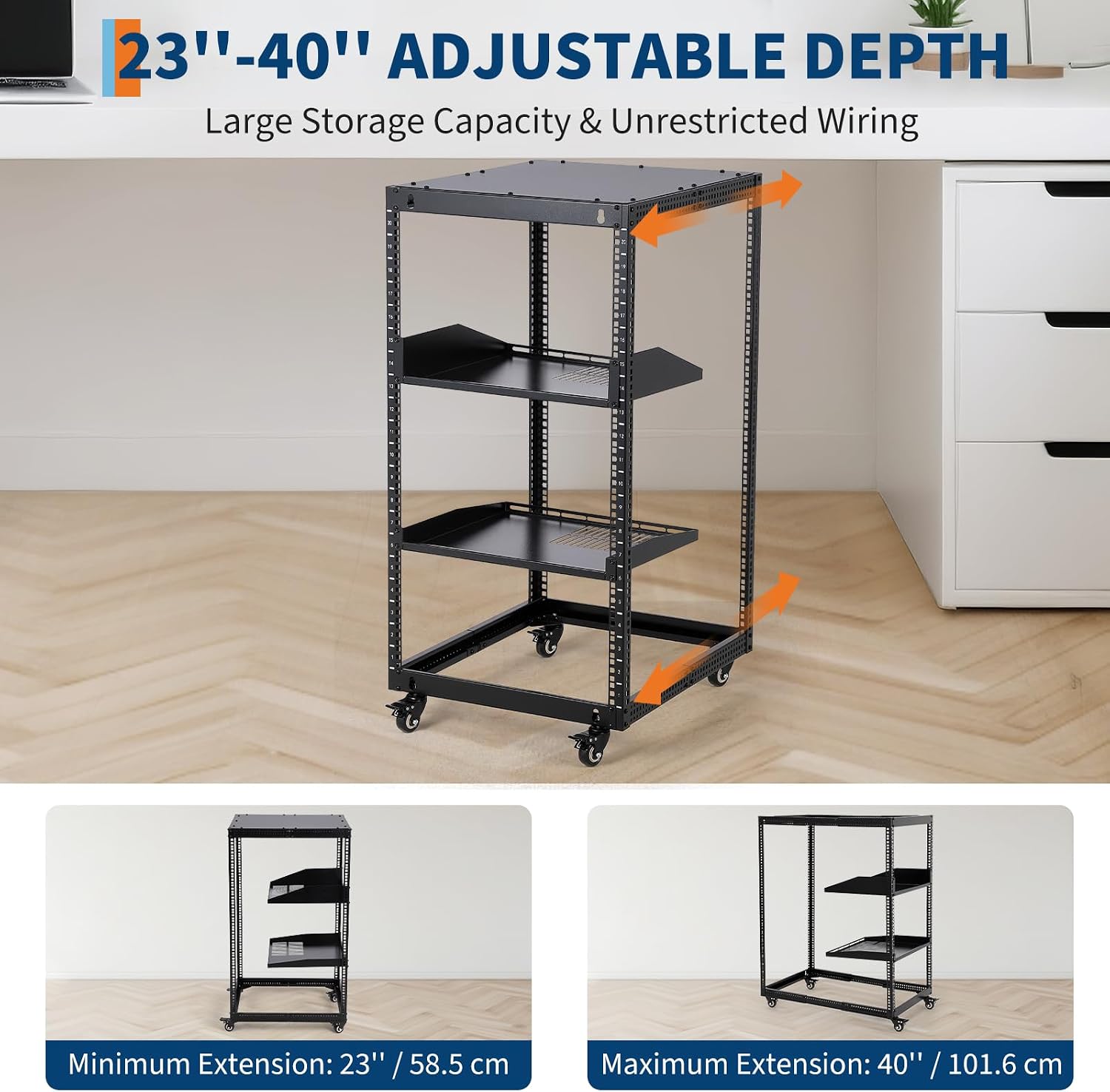 GarveeTech 20U Open Frame Server Rack, 23 in -40 in Adjustable Depth, Wall Mount & Free Standing Network Rack with 4 Lockable Casters & 2pcs 1U Server Rack Shelf, Holds All Your IT/AV Equipment Rack