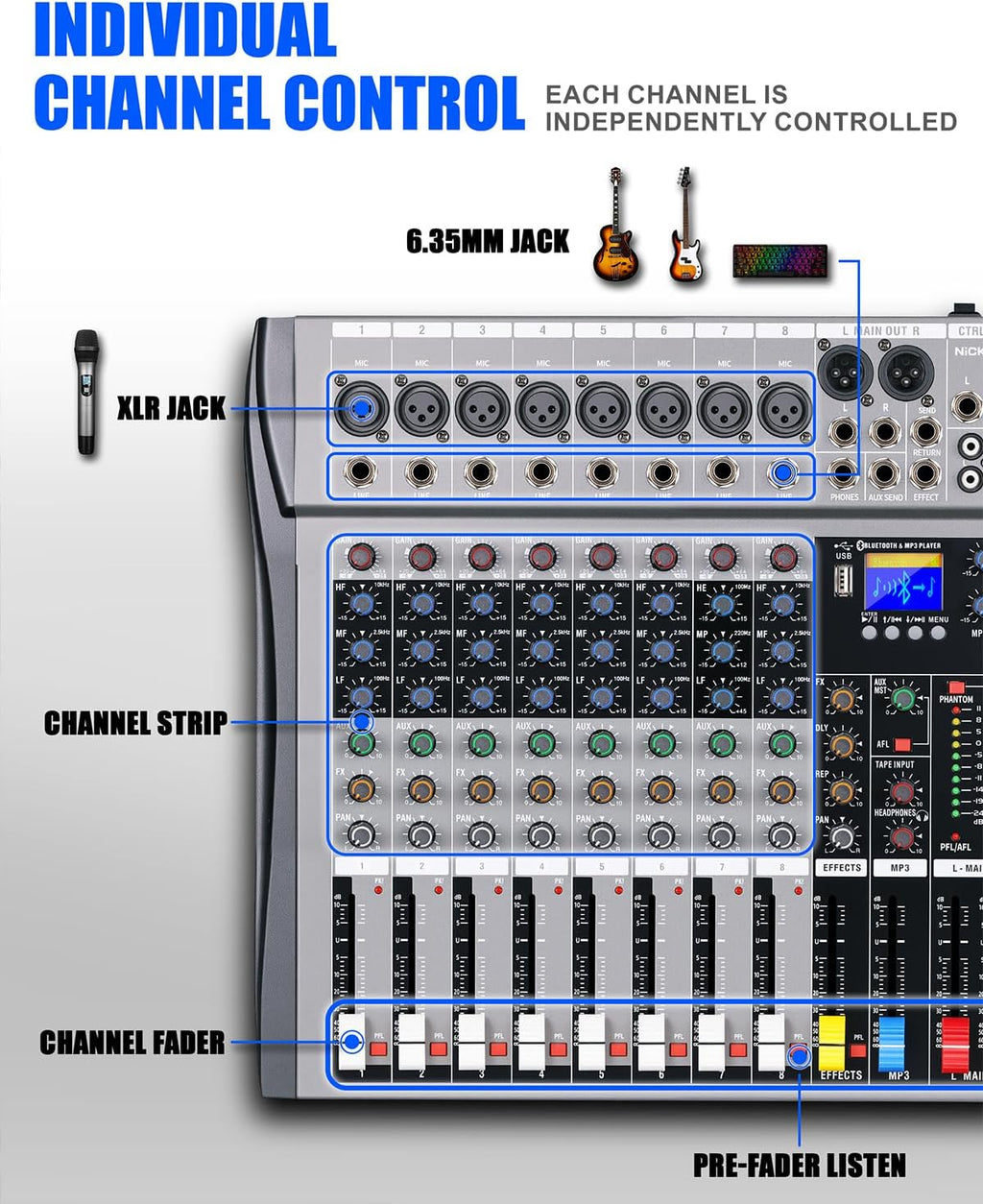 8 Channel mixer professional Audio Mixer, dj mixer with Individual Channel Control and USB Audio Recording & Editing via Computer, All-Metal mezcladora para dj (8 Channel)