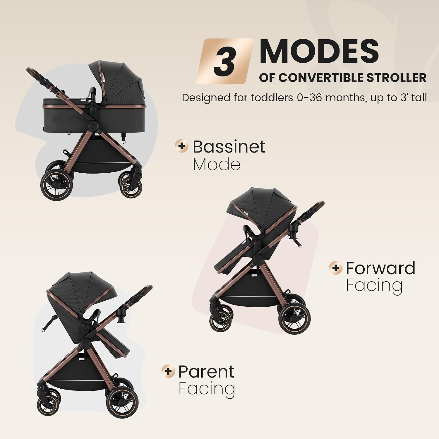 Accombe Baby Stroller, 2 in 1 Newborn Stroller Convertible Bassinet for Infant Toddler Pram with Footmuff (Copper)