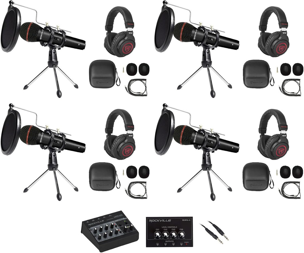 Rockville 4-Person Podcast Recording Package LINE8 USB 8-Channel Mixer and USB Audio Interface with (4) PRO-M50 Headphones, (4) RMIC-SR Mics, Stands, RHPA4 Amp, Cables (15 Items)