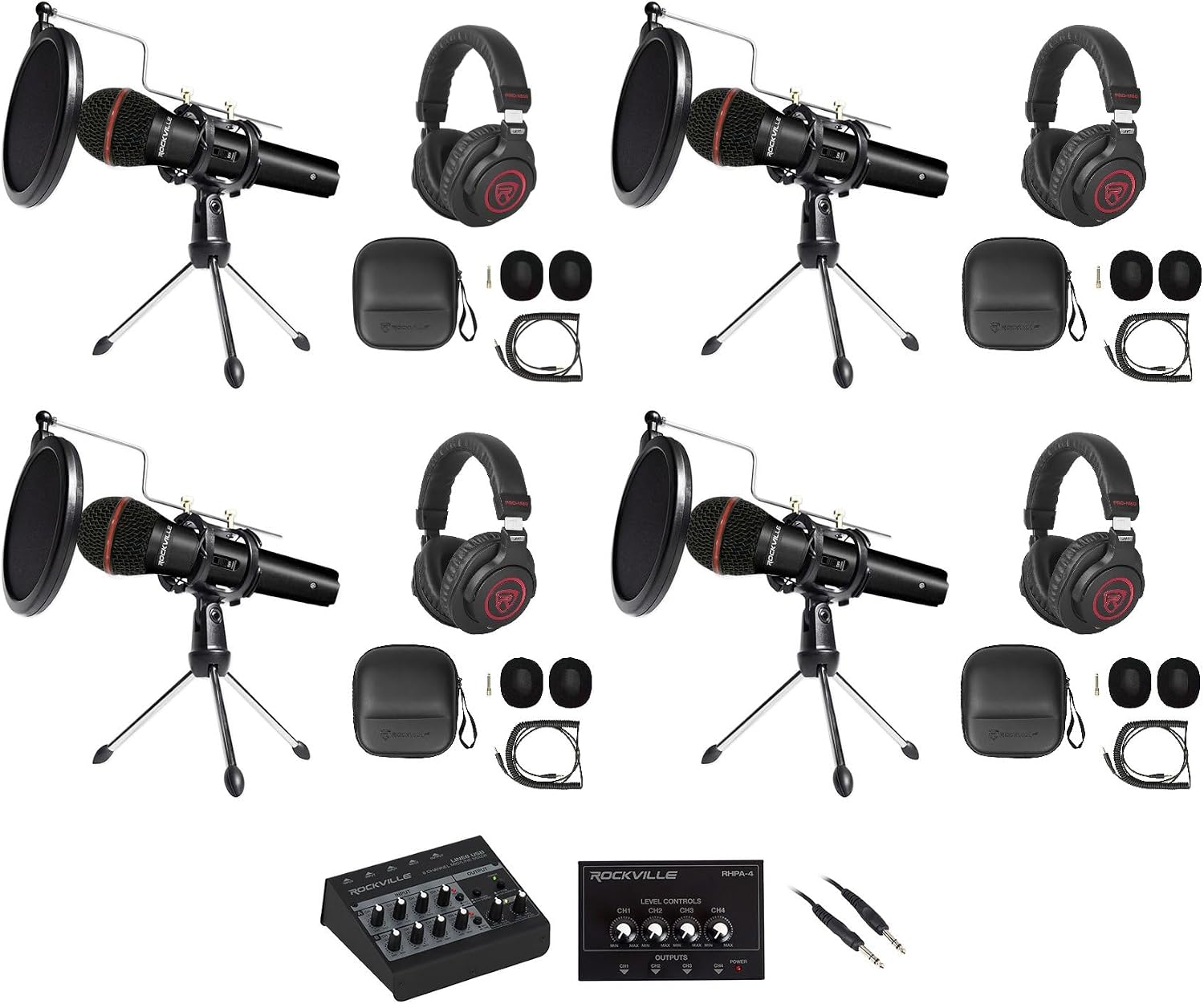 Rockville 4-Person Podcast Recording Package LINE8 USB 8-Channel Mixer and USB Audio Interface with (4) PRO-M50 Headphones, (4) RMIC-SR Mics, Stands, RHPA4 Amp, Cables (15 Items)