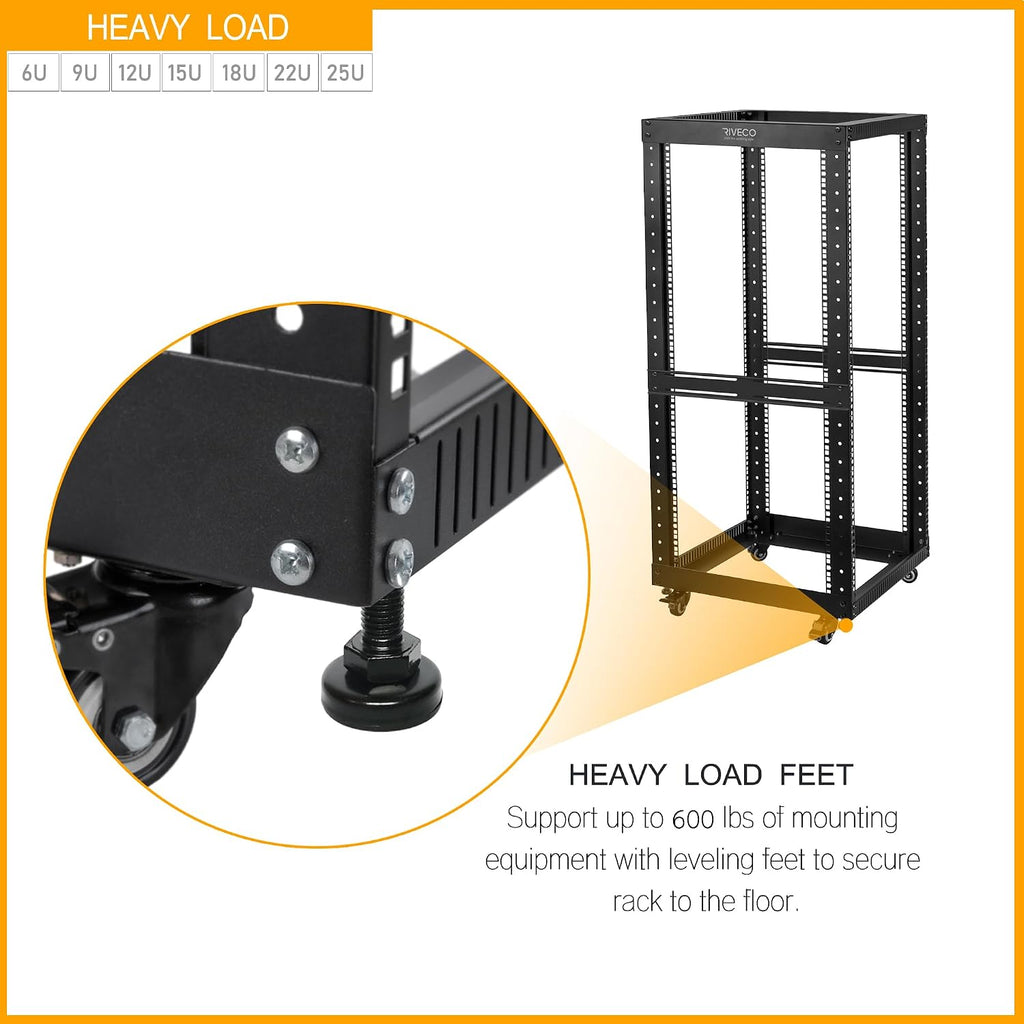 12U Server Rack Open Frame with Casters-RIVECO 4 Post Quick Assembly 19-inch, Data Rack Network Shelf Cabinet Heavy Duty Black