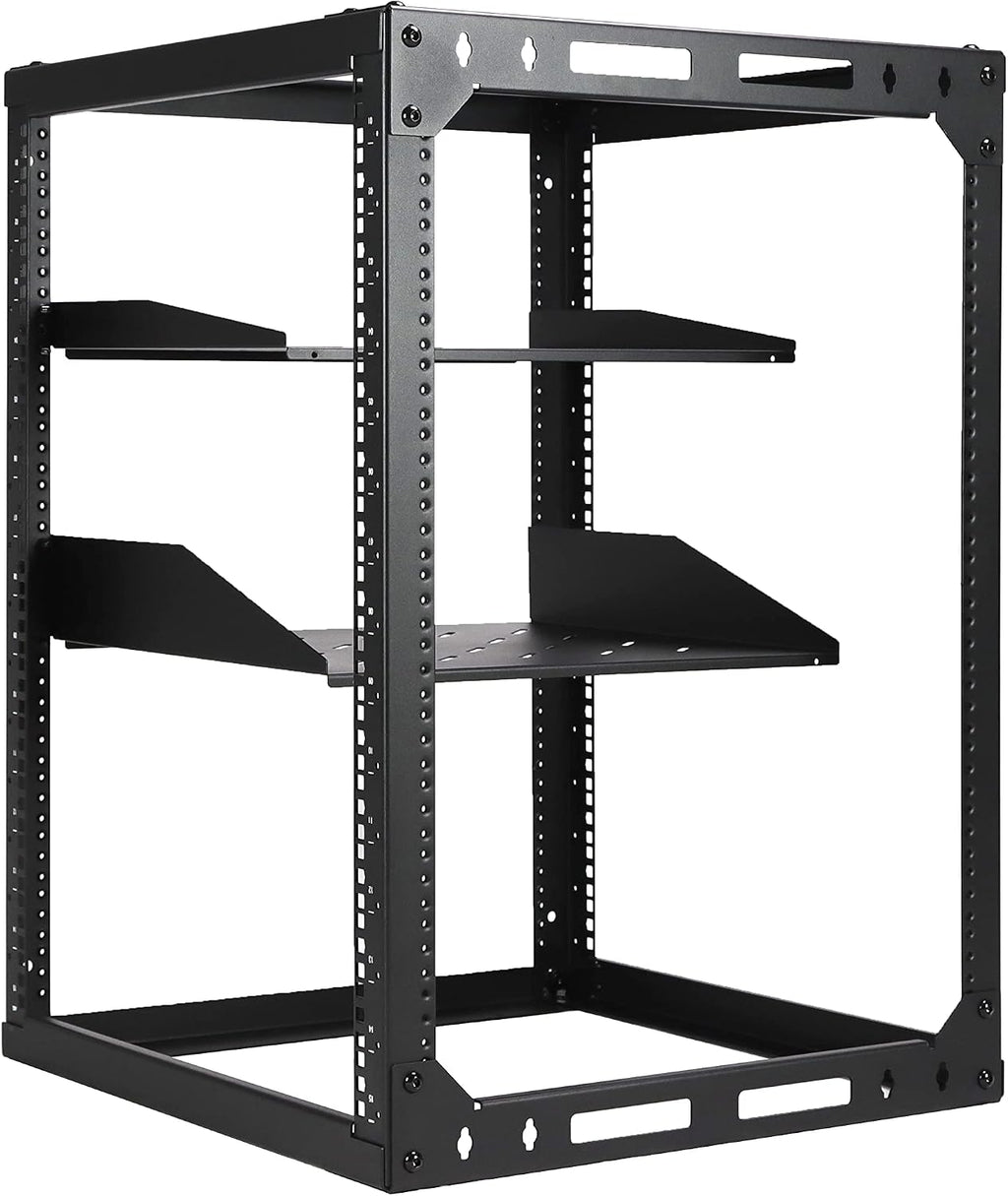 AEONS 15U Open Frame Network Server Rack 19-inch 4 Post AV Rack with Casters for Floor Standing and Wall Mount, Side Load for Extra Depth– Complete Kit with 1U and 2U Vented Shelves, Black