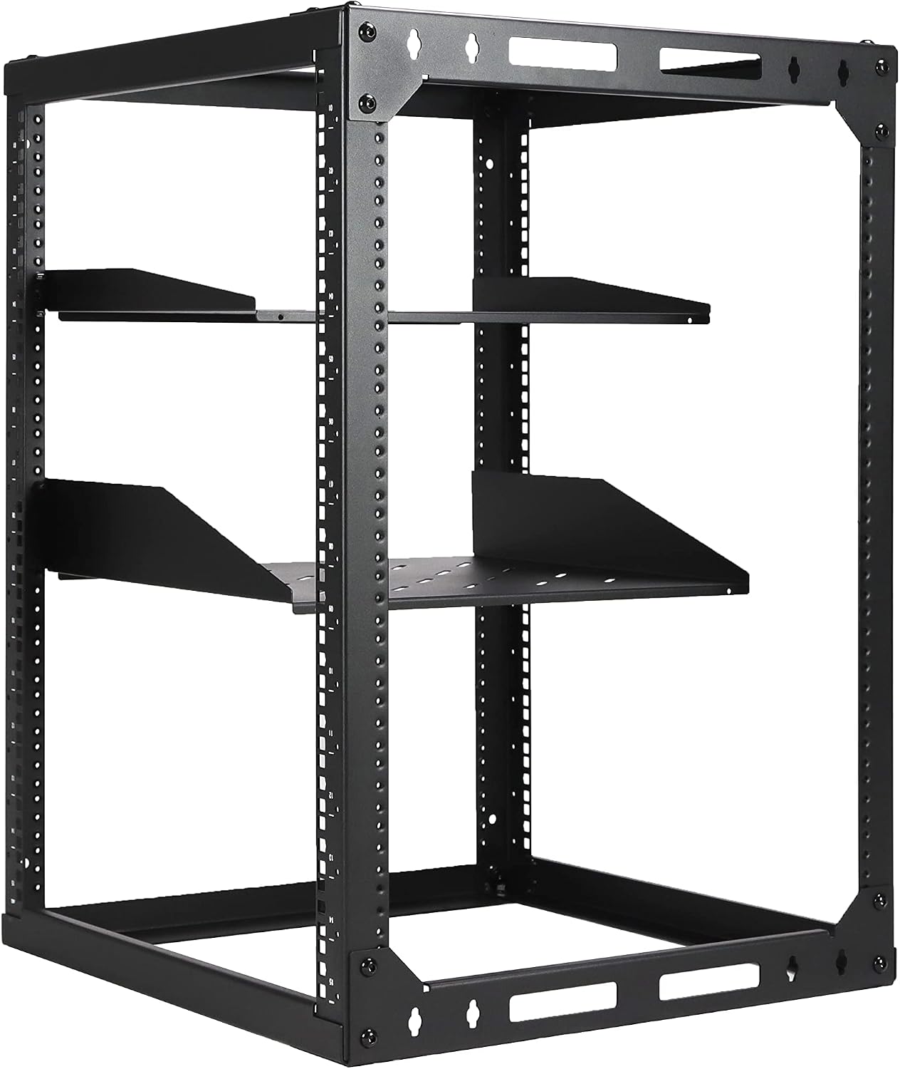 AEONS 15U Open Frame Network Server Rack 19-inch 4 Post AV Rack with Casters for Floor Standing and Wall Mount, Side Load for Extra Depth– Complete Kit with 1U and 2U Vented Shelves, Black