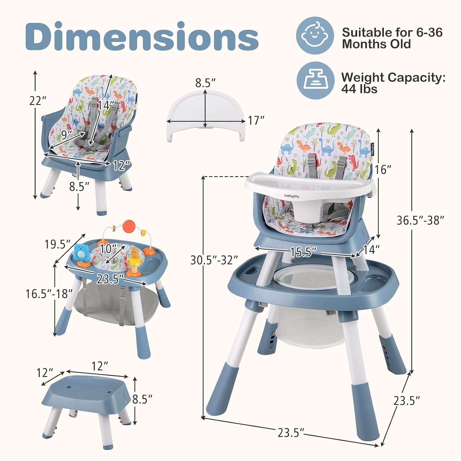 BABY JOY 16 in 1 High Chair, Convertible Baby Highchair for Babies and Toddlers with Activity Center, Booster Seat, Building Block Table, Toddler Chair with Safety Harness, Removable Tray (Blue)