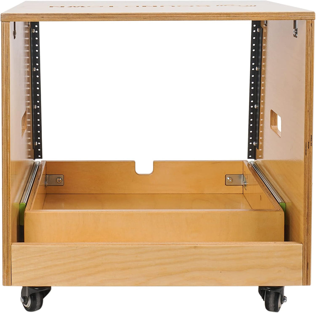 Sound Town 8U DIY Solid Baltic Birch Plywood Slanted Studio Rack with 8U Rack Space, Extra 2U Drawer, Rubber Feet, Casters, Golden Oak (SDRK-8TD2)